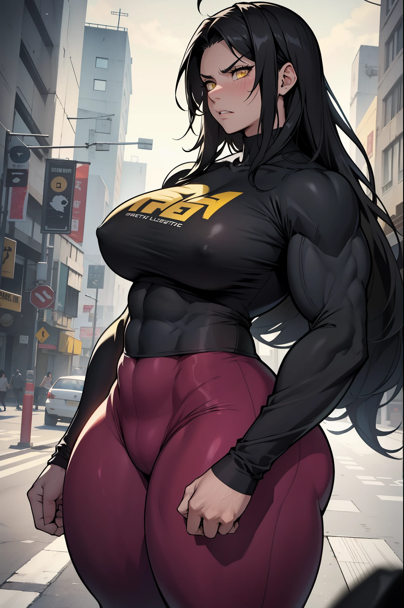 1girl solo black hair yellow eyes very long hair pale skin muscular muscular muscular muscular toned body huge muscles thick thighs girl tight clothes angry blushing messy hair leggings tight shirt long sleeves thick thick thick thick thick thick
