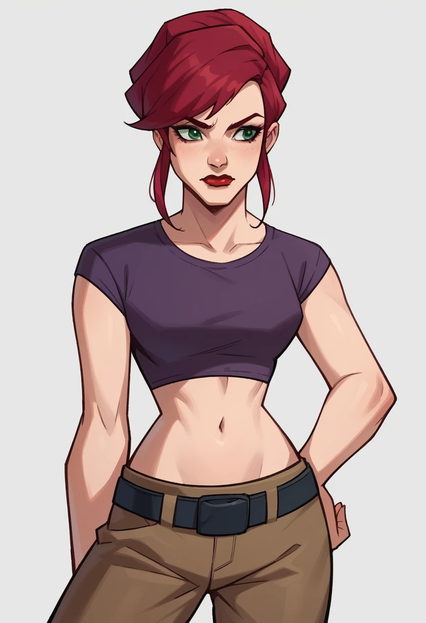score_9,score_8_up,score_7_up BREAK april2003,1girl,short hair,shirt,navel,green eyes,red hair,midriff,belt,pants,crop top,makeup,lipstick,brown pants,cropped shirt