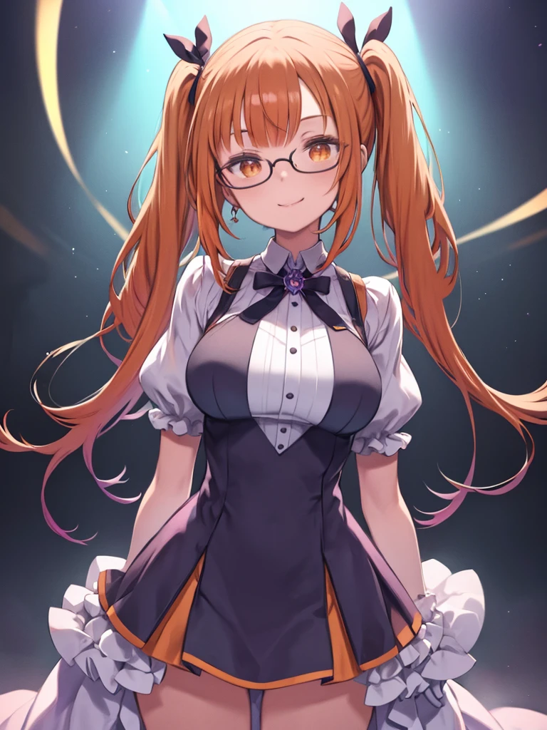 One Woman、Orange Hair、Twin tails、long hair、Straight Hair、all back、Glasses、Big Breasts、Purple ribbon、Orange Eyes、Upper Body、Smiling、Watching the audience、Are standing、Front view、Hide your hands behind your back、Leaning forward、One-piece dresaid clothes、White shirt、Short sleeve、bulging sleeves、White long gloves、Purple Dress、flare skirt、