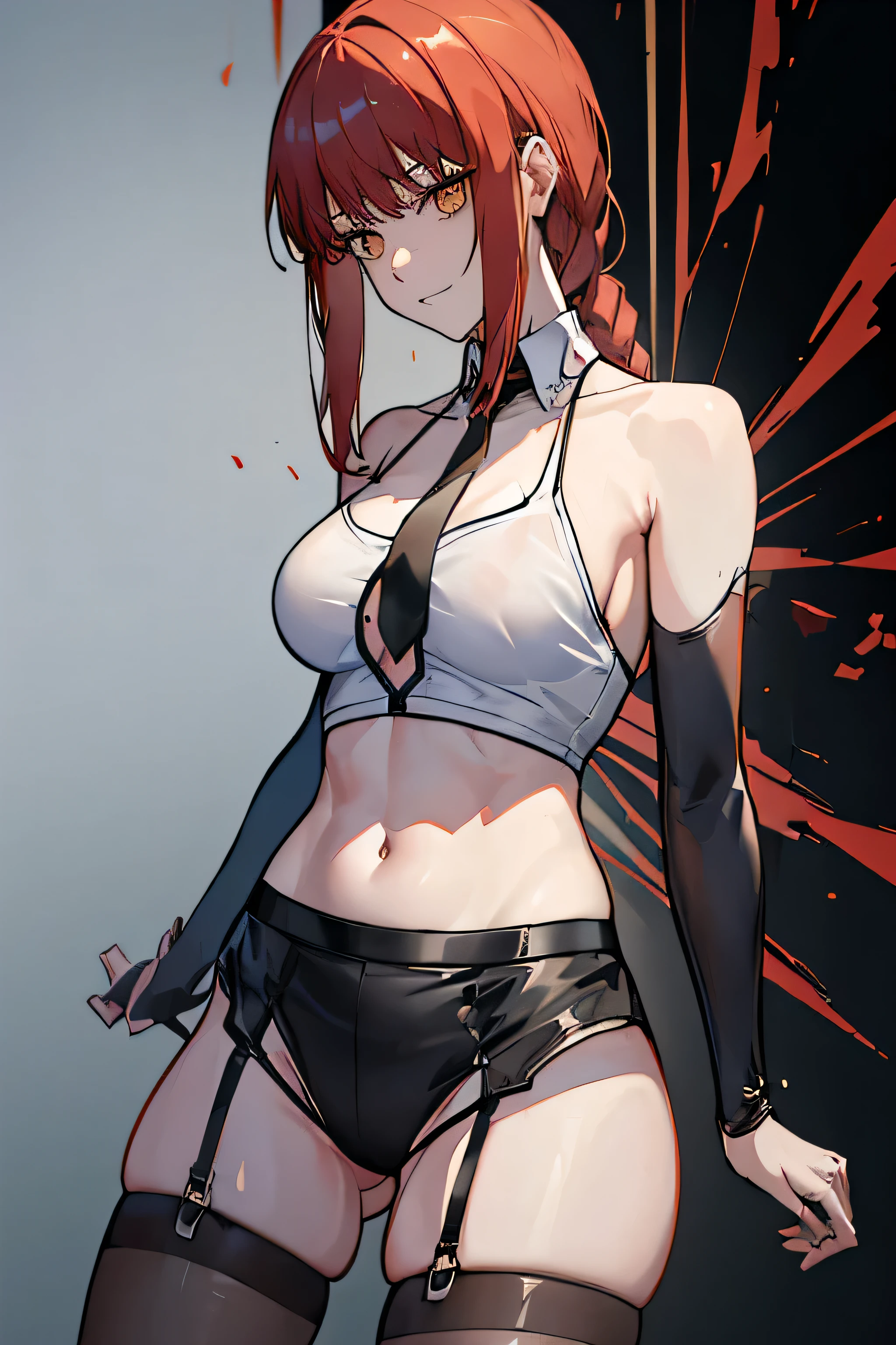 (Makima Chainsaw Man), dynamic poses,(earrings:1.5), work of art,(paris:1.5), RAW color, 8k, illustrator, work of art, high qualiy, 8k, high resolution, highy detailed, tummy, high qualiy, (very detailed cg unity 8k wallpaper),best qualityer,cinematic lighting, ultra details,work of art,), (ssmile:1), (black pantyhouse:1.5), (large breasted), Depth of field,face detail, (natta), (full body shot shot), looking ahead at viewer, (Cropped top with high throat:1.1), (neckleace), Red hair, belly button
