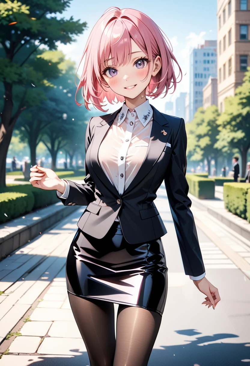 (((Female erotic lawyer, formal suit skirt, pencil skirt a black, pantyhose, white see-through blouse, jacket, Stiletto heels, (Metallic Costumes)))), skinny, solo, 1 woman, Masterpiece, highest quality, highest quality, 16K, incredibly absurd, highly detailed, 2.5D, ai-generated, delicate and dynamic, very delicate facial expressions, delicate eye depiction, erotic, only sexy woman, ((A cute and kind face)), healthy figure, ((25-year-old woman)), 160cm tall, medium firm swaying bust, (short hair), (pink hair:1.5), bob cut, black eye, blush, Sweat,Embarrassed,sexy, ((thin thighs)), (Erect nipples,:0.5), shiny and lustrous, facing straight at viewer, smile, ((Oily_skin)), (standing), cowboy shot, ((arm at side)), A city park in midsummer,