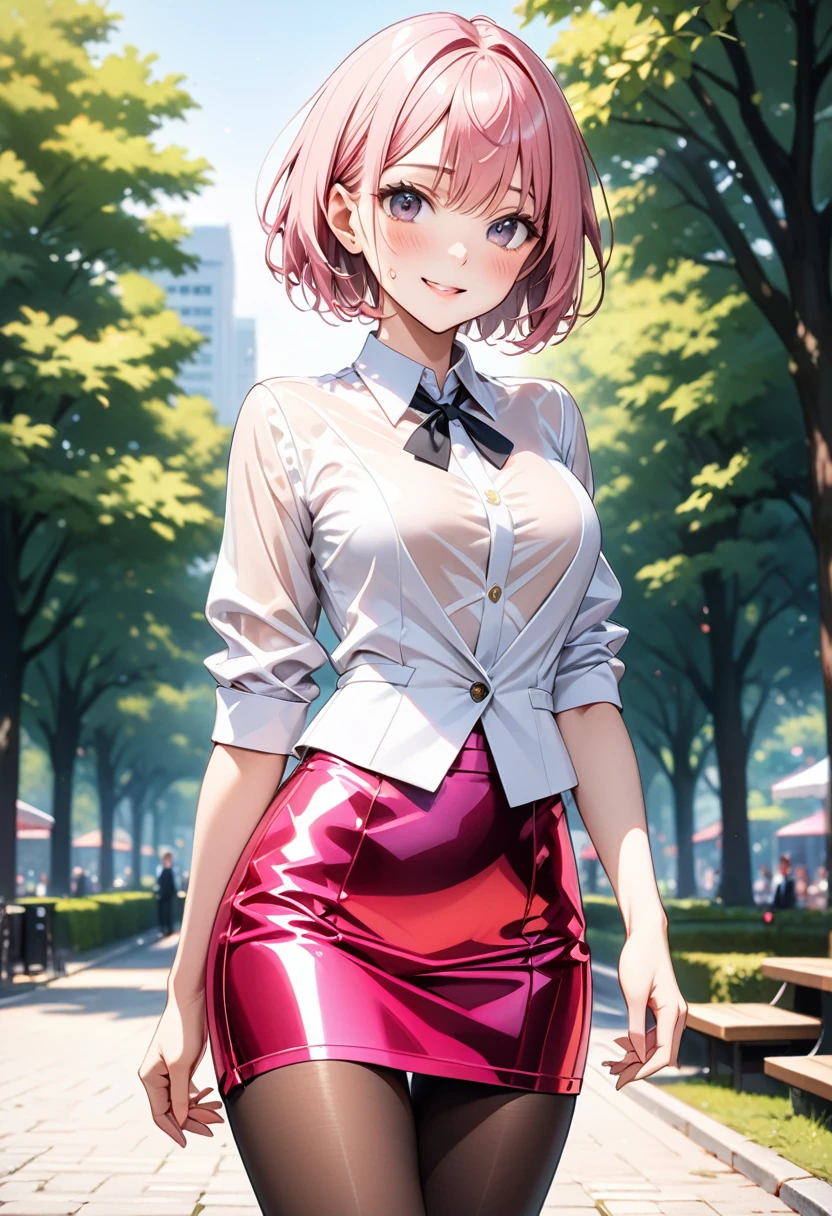 (((Female erotic lawyer, formal suit skirt, pencil skirt a black, pantyhose, white see-through blouse, jacket, Stiletto heels, (Metallic Costumes)))),  skinny, solo, 1 woman, Masterpiece, highest quality, highest quality, 16K, incredibly absurd, highly detailed, 2.5D, ai-generated, delicate and dynamic, very delicate facial expressions, delicate eye depiction, erotic, only sexy woman, ((A cute and kind face)), healthy figure, ((25-year-old woman)), 160cm tall, medium firm swaying bust, (short hair), (pink hair:1.5), bob cut, black eye, blush, Sweat,Embarrassed,sexy, ((thin thighs)), (Erect nipples,:0.5), shiny and lustrous, facing straight at viewer, smile, ((Oily_skin)), (standing), cowboy shot, ((arm at side)), A city park in midsummer,