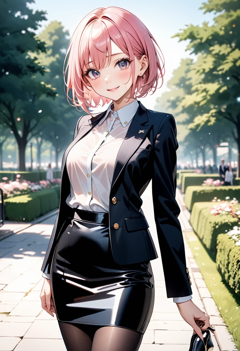 (((Female erotic lawyer, formal suit skirt, pencil skirt a black, pantyhose, white see-through blouse, jacket, Stiletto heels, (Metallic Costumes)))), skinny, solo, 1 woman, Masterpiece, highest quality, highest quality, 16K, incredibly absurd, highly detailed, 2.5D, ai-generated, delicate and dynamic, very delicate facial expressions, delicate eye depiction, erotic, only sexy woman, ((A cute and kind face)), healthy figure, ((25-year-old woman)), 160cm tall, medium firm swaying bust, (short hair), (pink hair:1.5), bob cut, black eye, blush, Sweat,Embarrassed,sexy, ((thin thighs)), (Erect nipples,:0.5), shiny and lustrous, facing straight at viewer, smile, ((Oily_skin)), (standing), cowboy shot, ((arm at side)), A city park in midsummer,