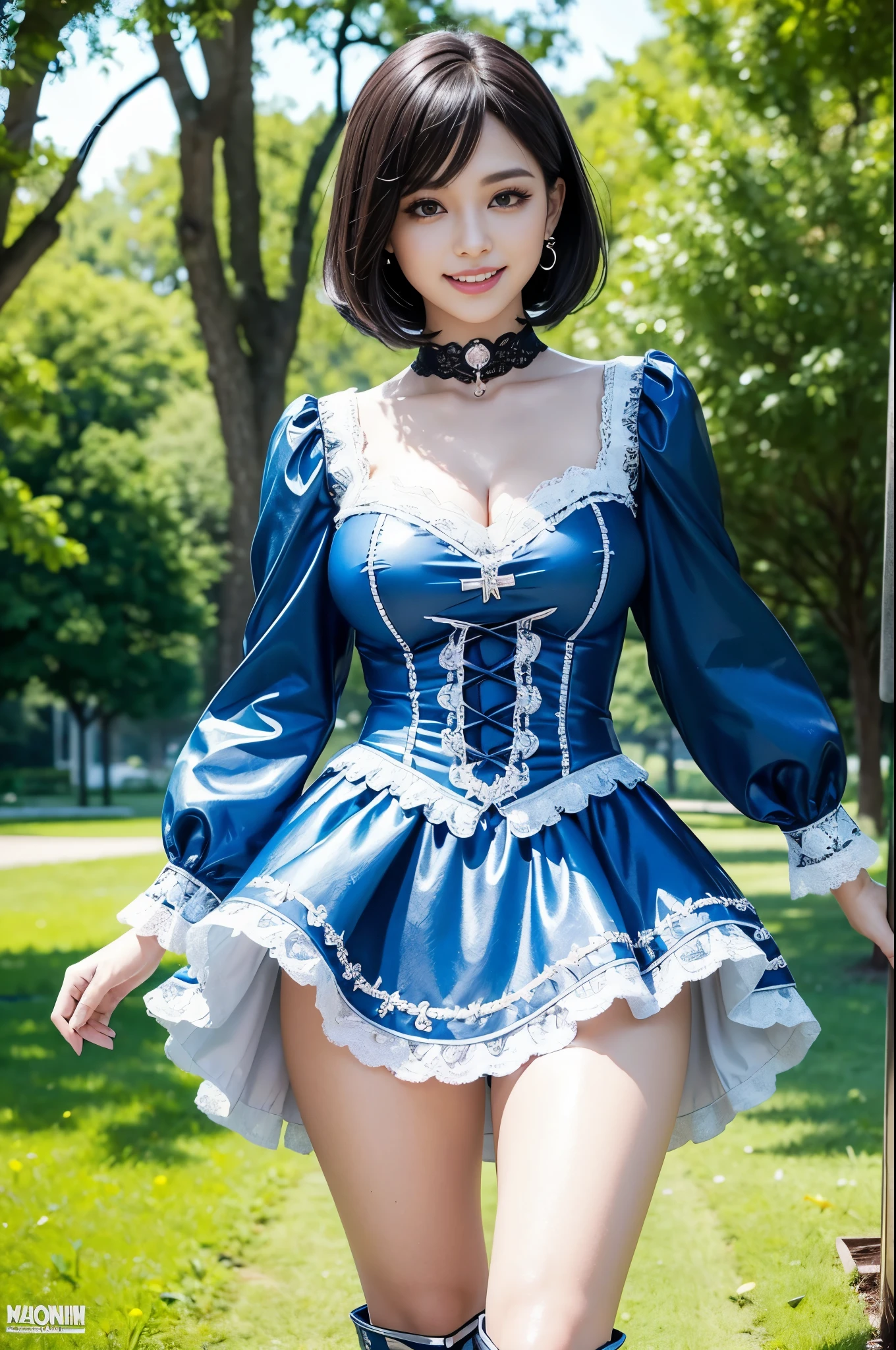 sexy stylish Swedish model, only 1 female, ((doll-like appearance)), very short stylish hair, ((shiny Aquors Love-Style boots)), (big smile), ultra detailed eyes,beautiful vivid eye makeup, lip-gloss, long lashes, defined eyebrows, ((sexy Aquors Love cosplay)), bell-shaped skirt, petticoats, ((ultra detailed lace)), ((ultra detailed embroidery)), intricate details, Aquors Love accessoires, Aquors Love choker, cinematic light, detailed large park background with trees
