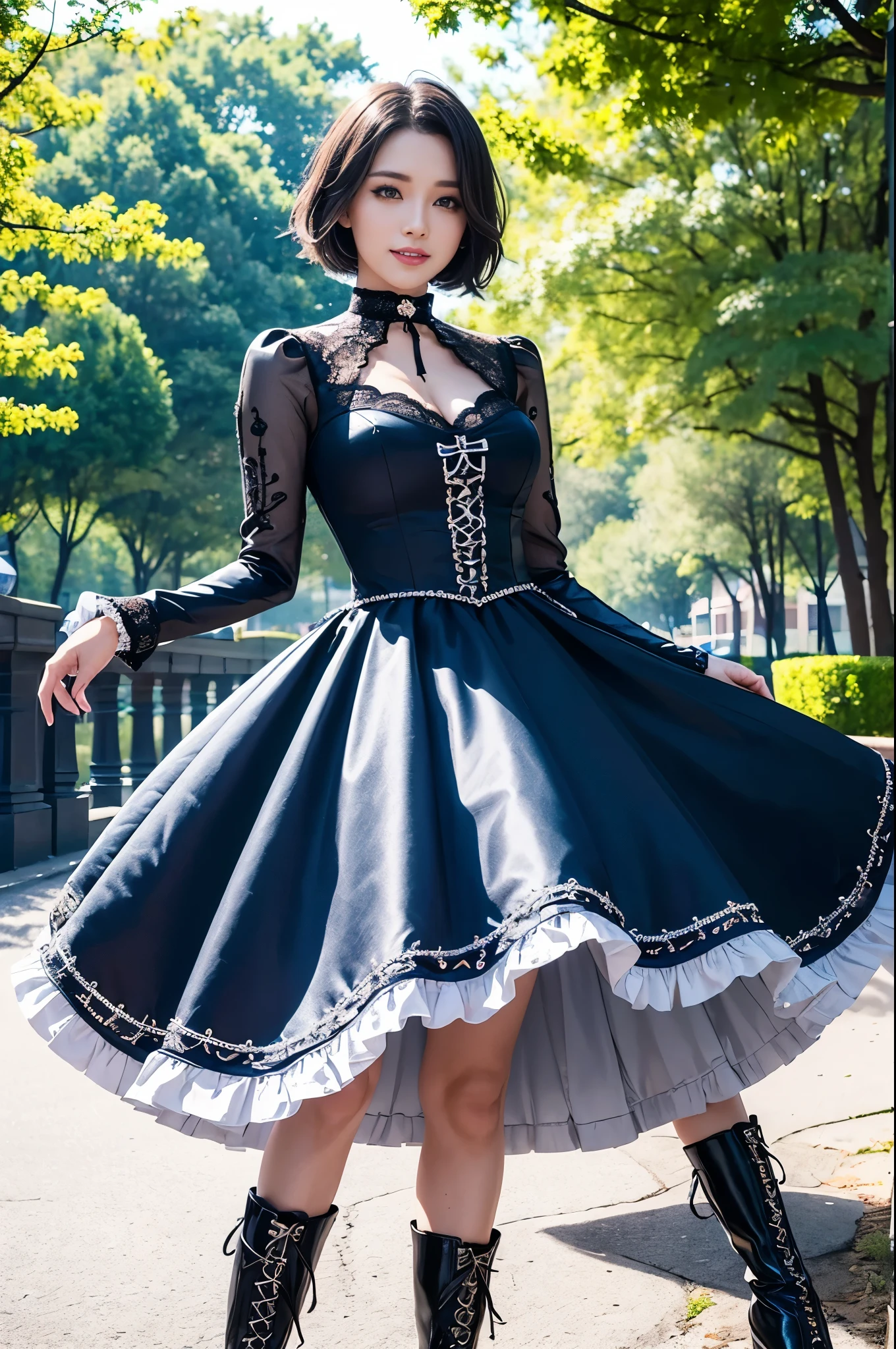 sexy stylish Swedish model, only 1 female, ((doll-like appearance)), very short stylish hair, ((shiny Aquors Love-Style boots)), (big smile), ultra detailed eyes,beautiful vivid eye makeup, lip-gloss, long lashes, defined eyebrows, ((sexy Aquors Love cosplay)), bell-shaped skirt, petticoats, ((ultra detailed lace)), ((ultra detailed embroidery)), intricate details, Aquors Love accessoires, Aquors Love choker, cinematic light, detailed large park background with trees