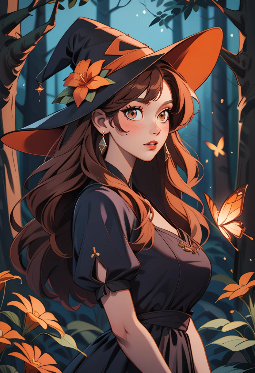 th3t4styl3, 1girl, hat, flower, forest, brown hair, hat flower, nature, jewelry, solo, looking at viewer, earrings, witch hat, brown eyes, bug, red flower, black headwear, from side, butterfly, upper body, parted lips, long hair, tree, witch, dress, night, breasts, outdoors, orange flower, light particles, glowing butterfly, looking to the side, black dress, hair over shoulder, blush