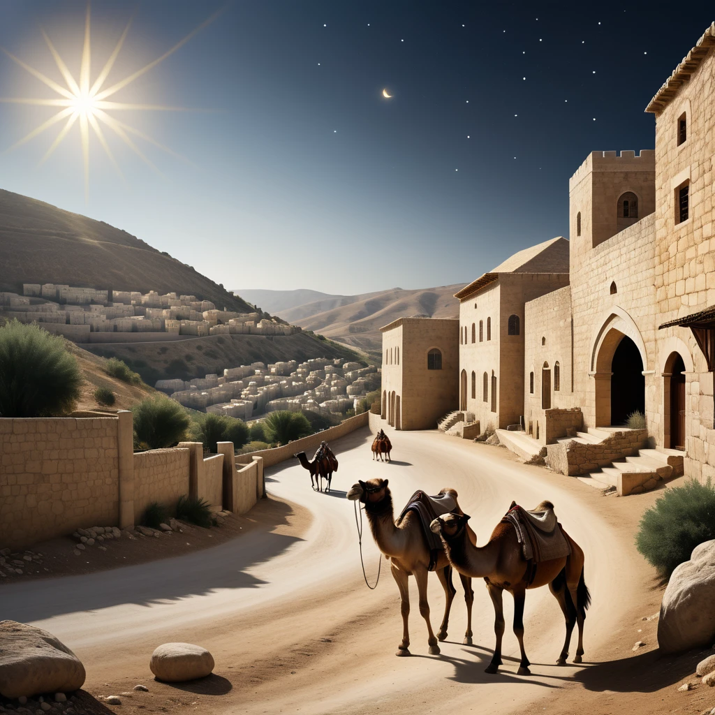 A hyper-realistic photograph of Bethlehem, an ancient city in Judea, traditional stone buildings with intricate details, a modest stable above which shines a bright star, the landscape surrounding the city should include hills and sparse vegetation typical of the region. The scene would include shepherds tending their flocks, travelers on camels approaching the city, and a visit from the three wise men. with realistic textures. The overall atmosphere should be serene with special attention to historical accuracy and detail.