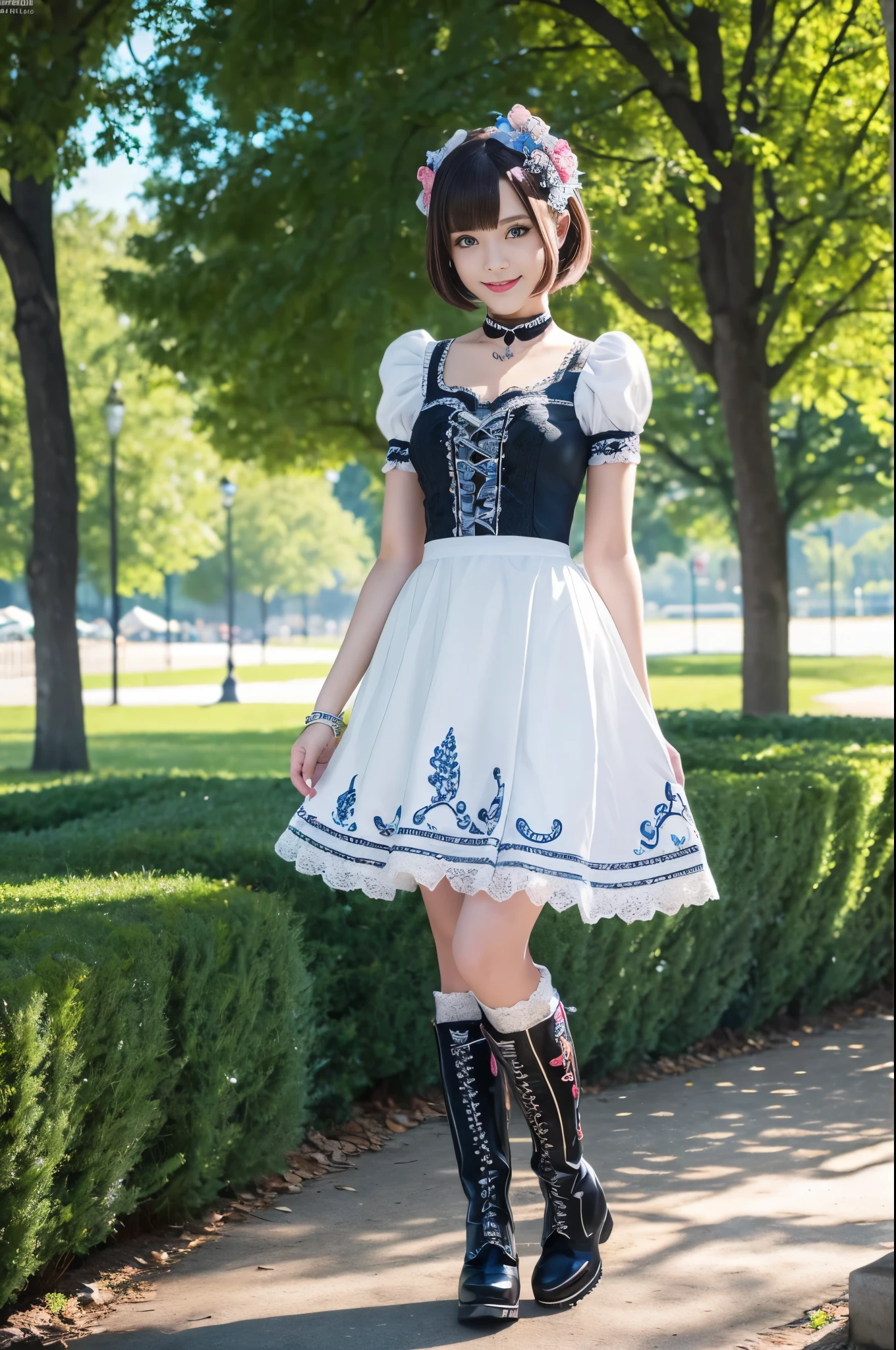 sexy stylish Swedish model, only 1 female, ((doll-like appearance)), very short stylish hair, ((shiny Aquors Love-Style boots)), (big smile), ultra detailed eyes,beautiful vivid eye makeup, lip-gloss, long lashes, defined eyebrows, ((sexy Aquors Love cosplay)), bell-shaped skirt, petticoats, ((ultra detailed lace)), ((ultra detailed embroidery)), intricate details, Aquors Love accessoires, Aquors Love choker, cinematic light, detailed large park background with trees