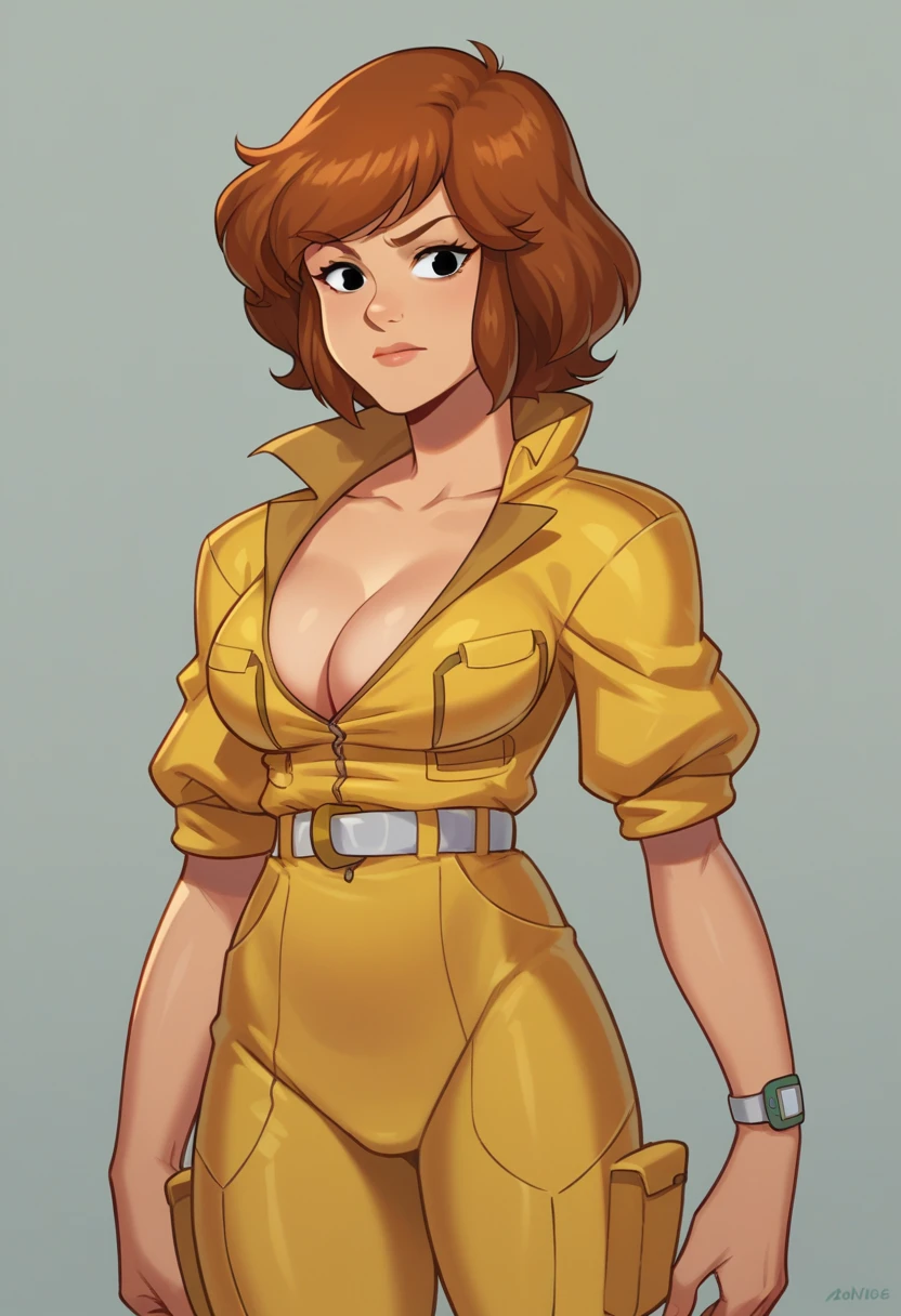 score_9,score_8_up,score_7_up BREAK April80,1girl,short hair,black eyes,brown hair,cleavage,belt,white belt,wristwatch,jumpsuit,cowboy shot