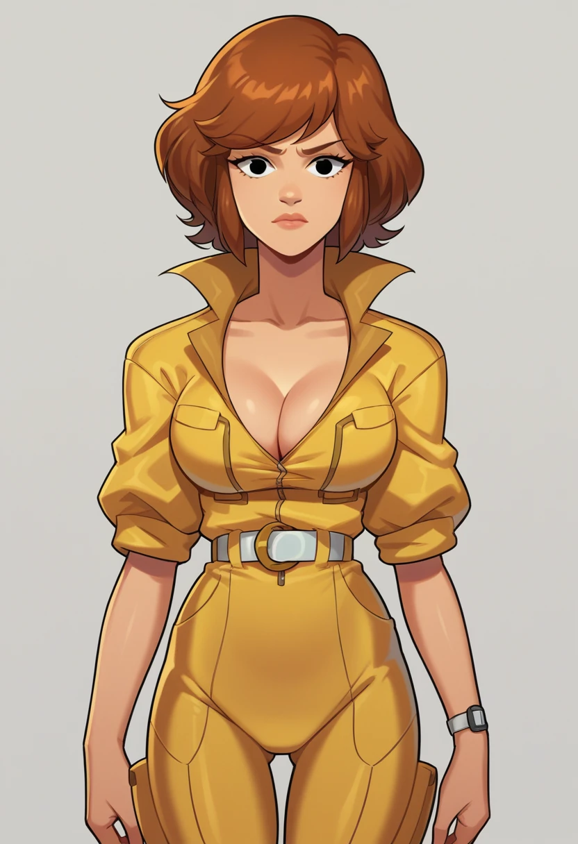 score_9,score_8_up,score_7_up BREAK April80,1girl,short hair,black eyes,brown hair,cleavage,belt,white belt,wristwatch,jumpsuit,cowboy shot