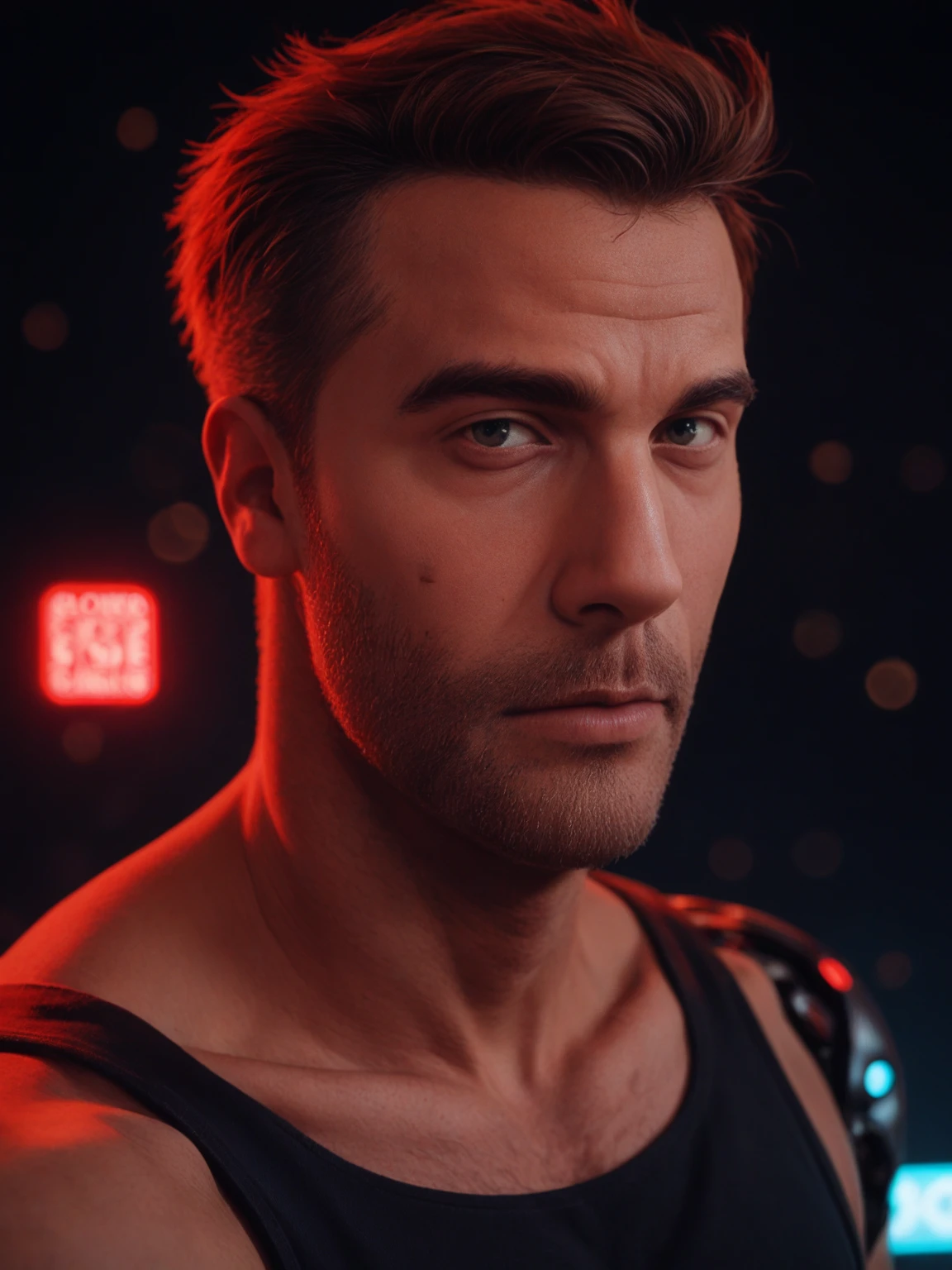 cyberpunk photo, realistic portrait, male cyborg, robotic face, half-human, robotic body, rusty body, old exoskeleton, simple black background, darkness, depth of field , bokeh, neon lights, dull colors, muted colors, low light, film grain, analogue photography.