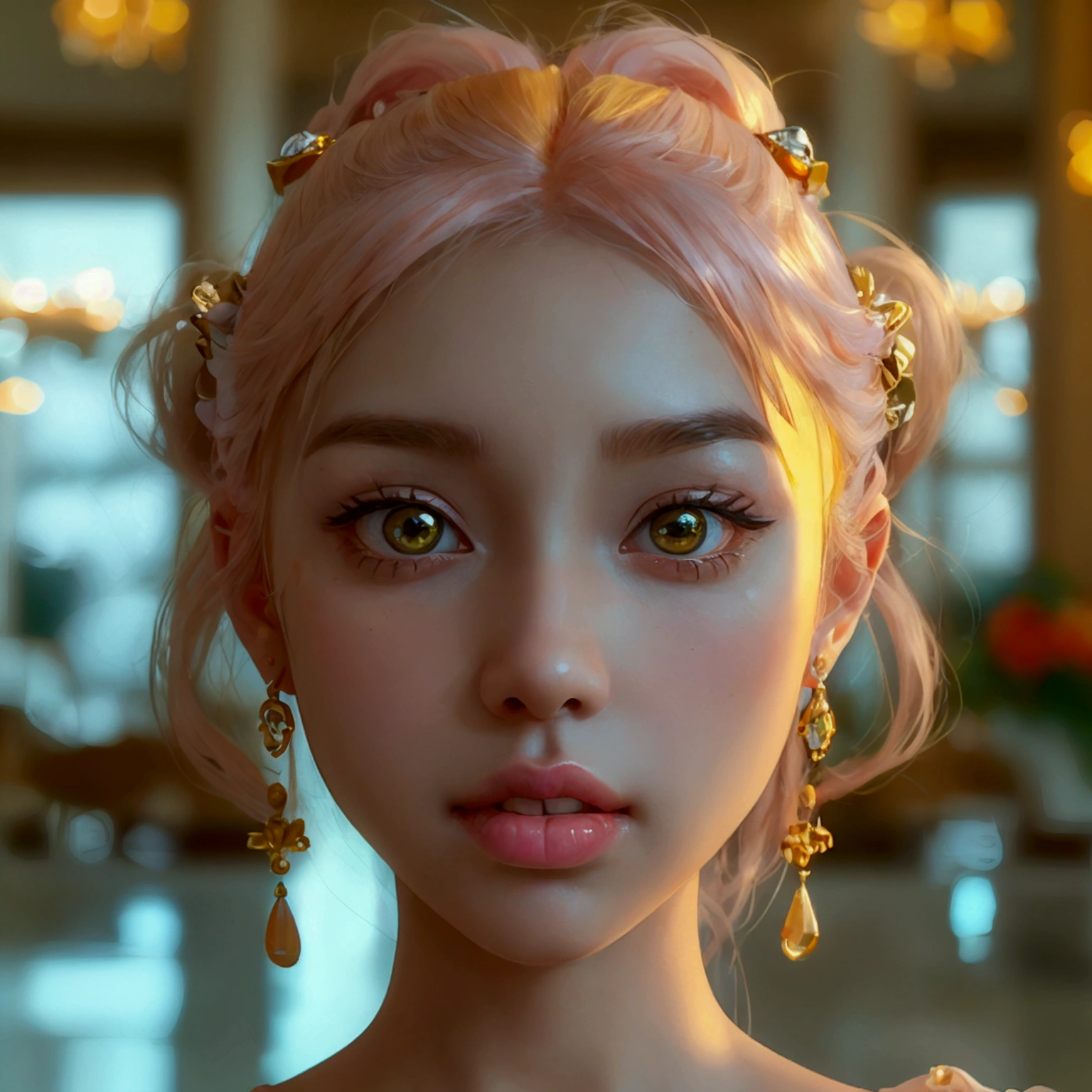 8K ultra high resolution loving face of a young female person , Background hotel lobby , anatomically perfect , small open pouty mouth with white teeth , small nose with piercing , Almond-shaped large eyes , with flawless eyebrows , the iris with orange-green color gradient , the hair soft pink white pinned up with golden hair accessories , cute tight ears with golden earrings 