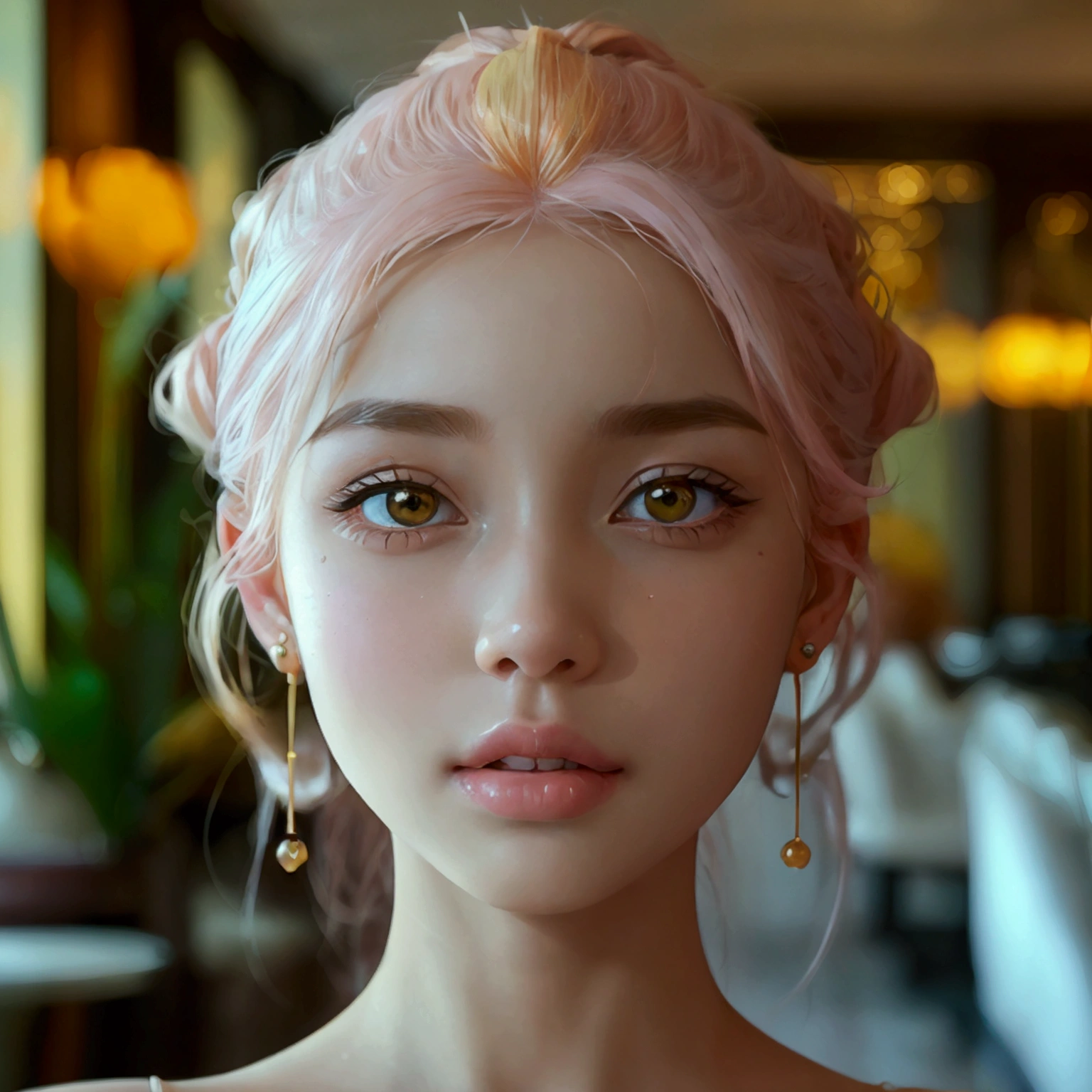 8K ultra high resolution loving face of a young female person , Background hotel lobby , anatomically perfect , small open pouty mouth with white teeth , small nose with piercing , Almond-shaped large eyes , with flawless eyebrows , the iris with orange-green color gradient , the hair soft pink white pinned up with golden hair accessories , cute tight ears with golden earrings 