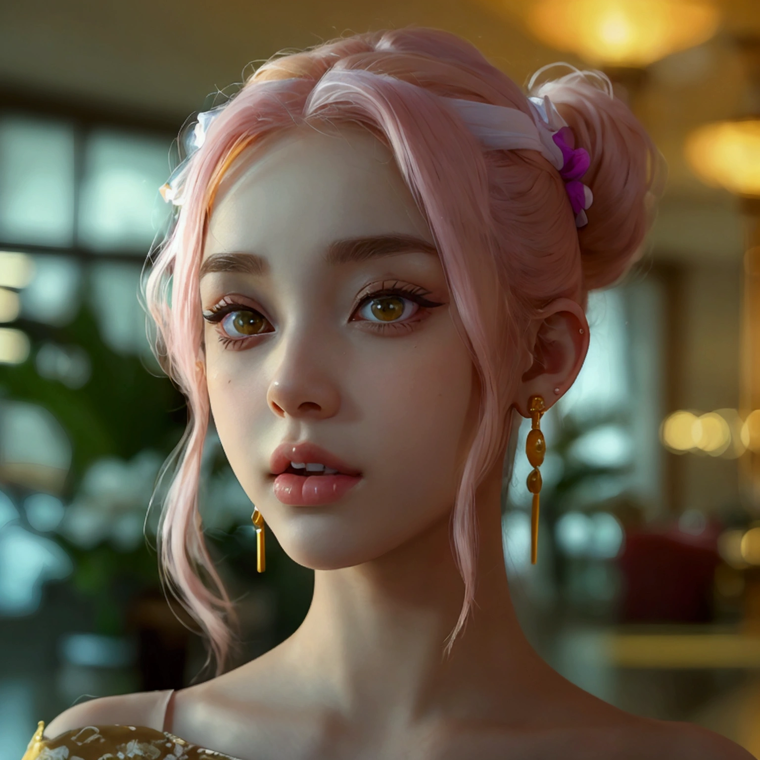 8K ultra high resolution loving face of a young female person , Background hotel lobby , anatomically perfect , small open pouty mouth with white teeth , small nose with piercing , Almond-shaped large eyes , with flawless eyebrows , the iris with orange-green color gradient , the hair soft pink white pinned up with golden hair accessories , cute tight ears with golden earrings 