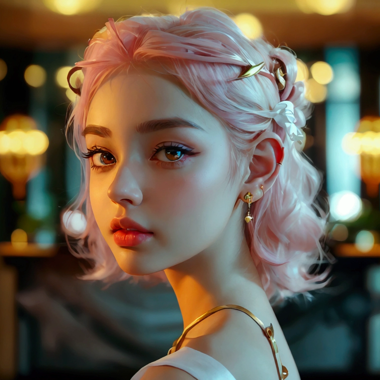 8K ultra high resolution loving face of a young female person , Background hotel lobby , anatomically perfect , small open pouty mouth with white teeth , small nose with piercing , Almond-shaped large eyes , with flawless eyebrows , the iris with orange-green color gradient , the hair soft pink white pinned up with golden hair accessories , cute tight ears with golden earrings 