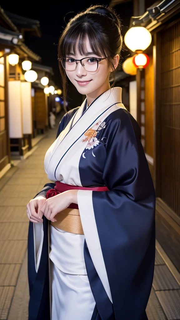 (Super beautiful woman in kimono)、((highest quality、8K masterpiece:1.3))、sharp focus:1.2、(super beautiful face:1.0)、(shiny skin:1.0)、realistic pictures、black hair、video lighting、High resolution eyes and face、video lighting、japanese actress、from the front、big breasts、with a happy smile、Slender abs beauty、whole body、wearing a kimono、in Kyoto、(((luxury obi)))、In Kyoto at night、wearing glasses with no edge、with a fan