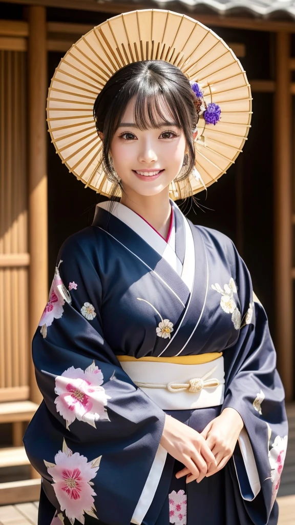 (Super beautiful woman in kimono)、((highest quality、8K masterpiece:1.3))、sharp focus:1.2、(super beautiful face:1.0)、(shiny skin:1.0)、realistic pictures、black hair、video lighting、High resolution eyes and face、video lighting、japanese actress、from the front、with a happy smile、whole body、wearing a kimono、in Kyoto、(luxury obi)、with a fan