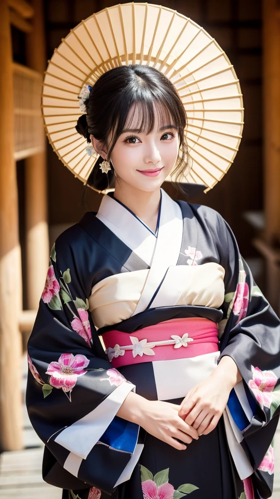 (Super beautiful woman in kimono)、((highest quality、8K masterpiece:1.3))、sharp focus:1.2、(super beautiful face:1.0)、(shiny skin:1.0)、realistic pictures、black hair、video lighting、High resolution eyes and face、video lighting、japanese actress、from the front、with a happy smile、whole body、wearing a kimono、in Kyoto、(luxury obi)、with a fan