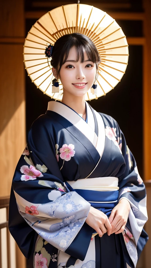 (Super beautiful woman in kimono)、((highest quality、8K masterpiece:1.3))、sharp focus:1.2、(super beautiful face:1.0)、(shiny skin:1.0)、realistic pictures、black hair、video lighting、High resolution eyes and face、video lighting、japanese actress、from the front、with a happy smile、whole body、wearing a kimono、in Kyoto、(luxury obi)、with a fan