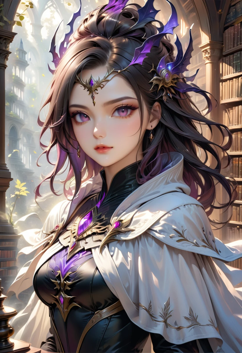 a masterwork picture of a sorceress casting a spell in magical library, exquisite beautiful woman, dynamic hair color, dynamic hair style, ((full body shot: 1.5)), ((anatomically correct: 1.5)), (ultra detailed face: 1.2), best detailed face, high details, best quality, 16k, (long black dress: 1.2), (white cloak: 1.3), high heeled boots (ultra details, Masterpiece, best quality) masterpiece, best quality, (extremely detailed), full body, ultra wide shot, (ultra details, Masterpiece, best quality), fantasy art, dnd art,fantasy art, realistic art, (ultra details, Masterpiece, best quality), (ultra details, Masterpiece, best quality), NecromancyAI, Hyperrealism style, rpg portrait photograph