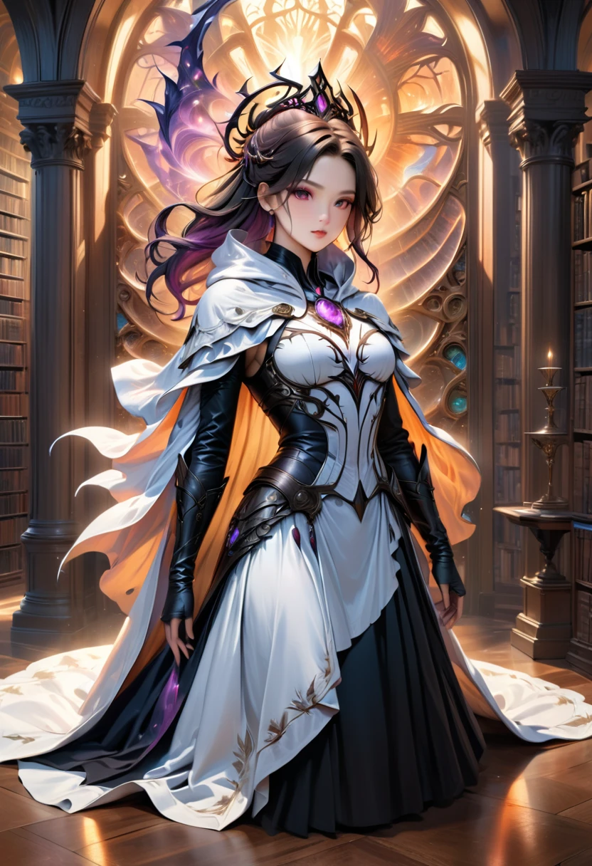 a masterwork picture of a sorceress casting a spell in magical library, exquisite beautiful woman, dynamic hair color, dynamic hair style, ((full body shot: 1.5)), ((anatomically correct: 1.5)), (ultra detailed face: 1.2), best detailed face, high details, best quality, 16k, (long black dress: 1.2), (white cloak: 1.3), high heeled boots (ultra details, Masterpiece, best quality) masterpiece, best quality, (extremely detailed), full body, ultra wide shot, (ultra details, Masterpiece, best quality), fantasy art, dnd art,fantasy art, realistic art, (ultra details, Masterpiece, best quality), (ultra details, Masterpiece, best quality), NecromancyAI, Hyperrealism style, rpg portrait photograph