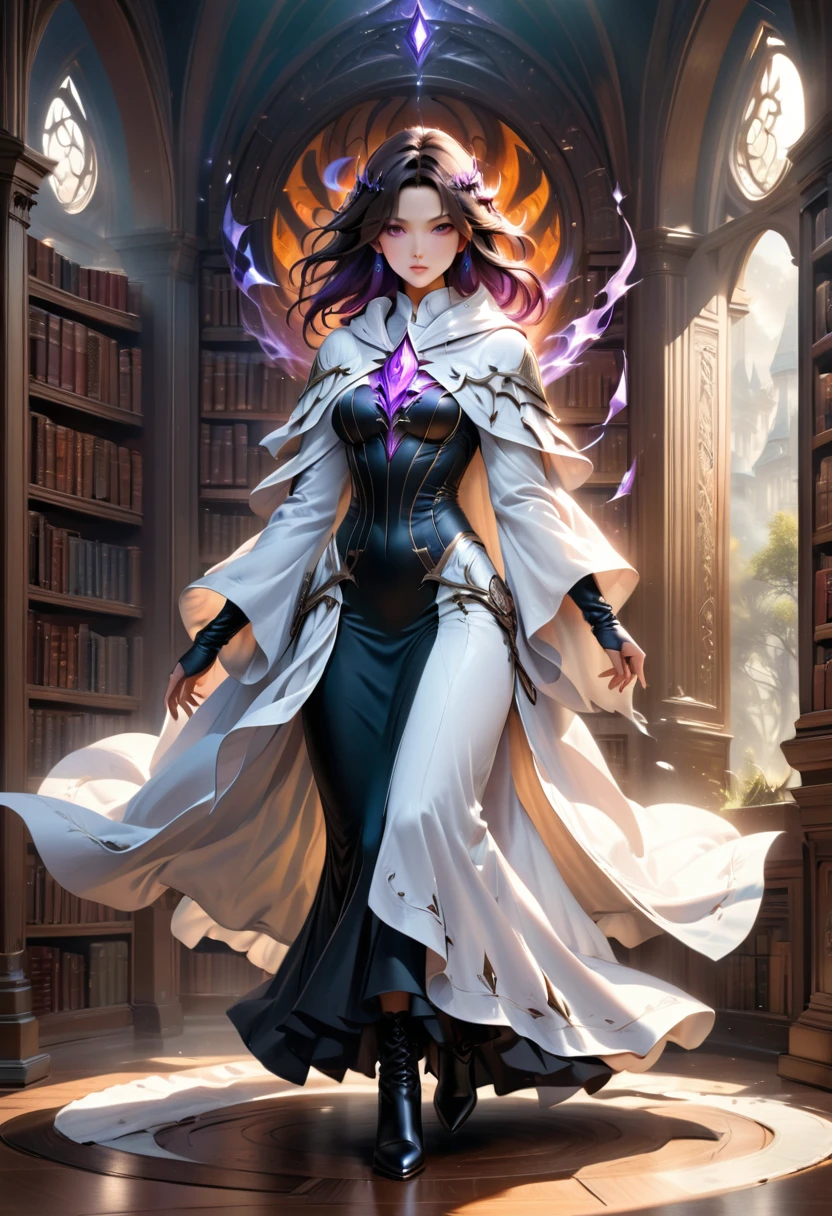 a masterwork picture of a sorceress casting a spell in magical library, exquisite beautiful woman, dynamic hair color, dynamic hair style, ((full body shot: 1.5)), ((anatomically correct: 1.5)), (ultra detailed face: 1.2), best detailed face, high details, best quality, 16k, (long black dress: 1.2), (white cloak: 1.3), high heeled boots (ultra details, Masterpiece, best quality) masterpiece, best quality, (extremely detailed), full body, ultra wide shot, (ultra details, Masterpiece, best quality), fantasy art, dnd art,fantasy art, realistic art, (ultra details, Masterpiece, best quality), (ultra details, Masterpiece, best quality), NecromancyAI, Hyperrealism style, rpg portrait photograph