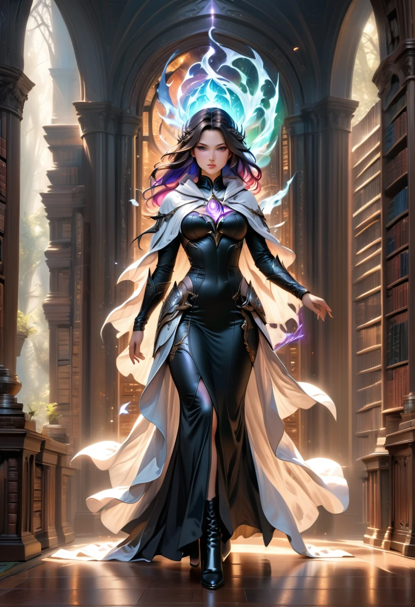 a masterwork picture of a sorceress casting a spell in magical library, exquisite beautiful woman, dynamic hair color, dynamic hair style, ((full body shot: 1.5)), ((anatomically correct: 1.5)), (ultra detailed face: 1.2), best detailed face, high details, best quality, 16k, (long black dress: 1.2), (white cloak: 1.3), high heeled boots (ultra details, Masterpiece, best quality) masterpiece, best quality, (extremely detailed), full body, ultra wide shot, (ultra details, Masterpiece, best quality), fantasy art, dnd art,fantasy art, realistic art, (ultra details, Masterpiece, best quality), (ultra details, Masterpiece, best quality), NecromancyAI, Hyperrealism style, rpg portrait photograph