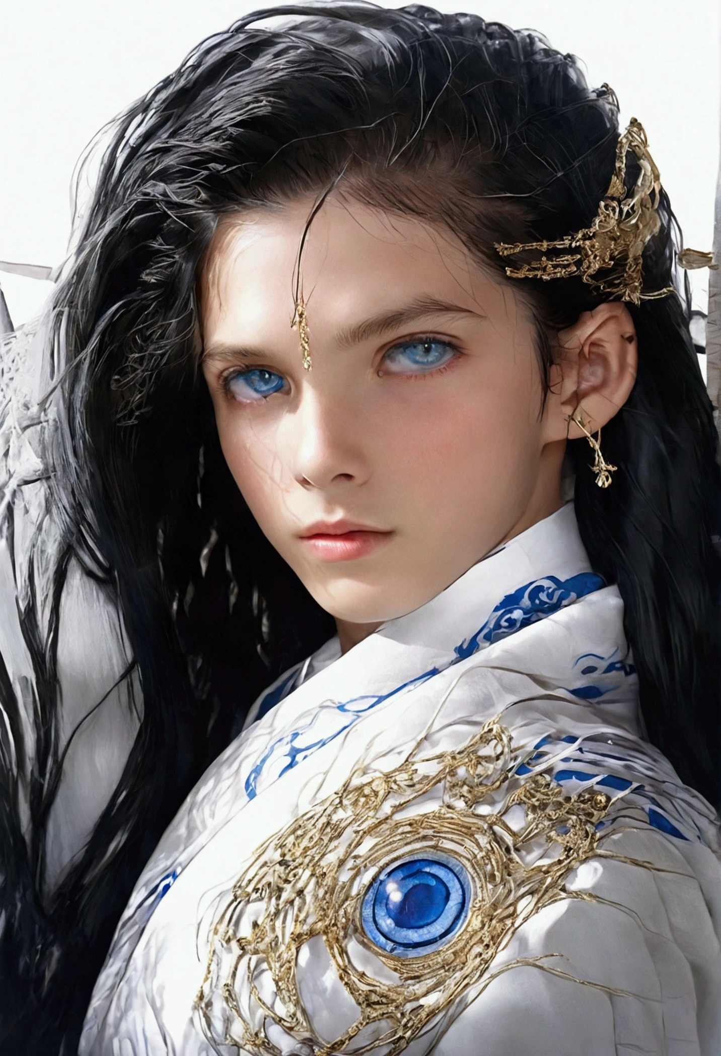 black hair boy, blue eyes, Next to him was a girl with long white hair., black eyes