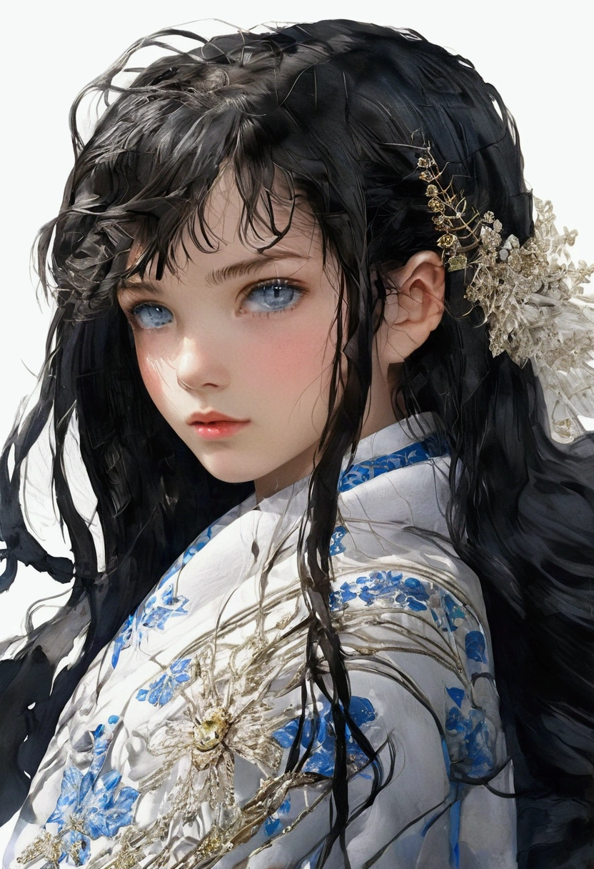 black hair boy, blue eyes, Next to him was a girl with long white hair., black eyes