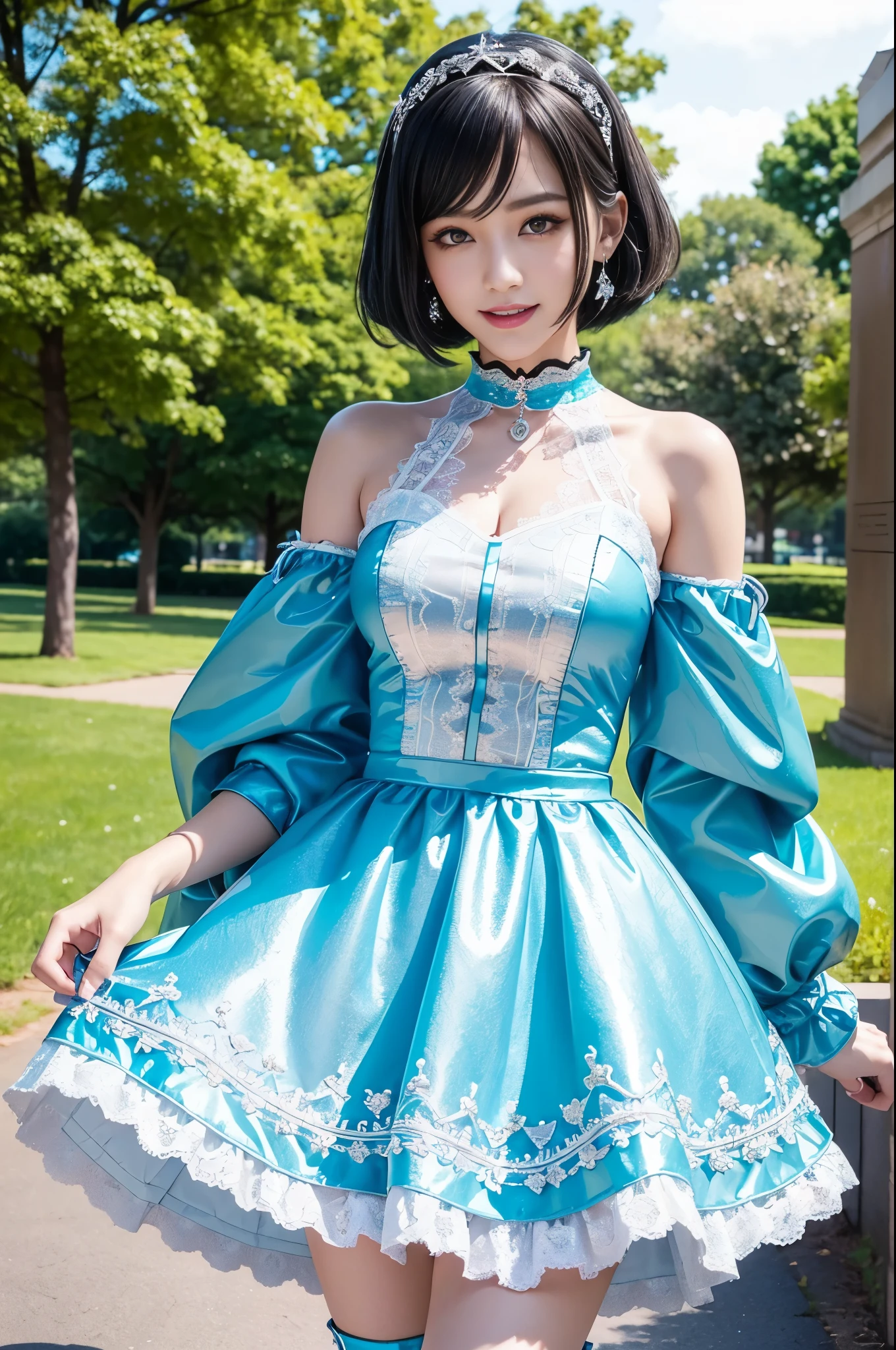 sexy stylish Swedish model, only 1 female, ((doll-like appearance)), very short stylish hair, ((shiny Aquors Love-Style boots)), (big smile), ultra detailed eyes,beautiful vivid eye makeup, lip-gloss, long lashes, defined eyebrows, ((sexy Aquors Love cosplay)), bell-shaped skirt, petticoats, ((ultra detailed lace)), ((ultra detailed embroidery)), intricate details, Aquors Love accessoires, Aquors Love choker, cinematic light, detailed large park background with trees