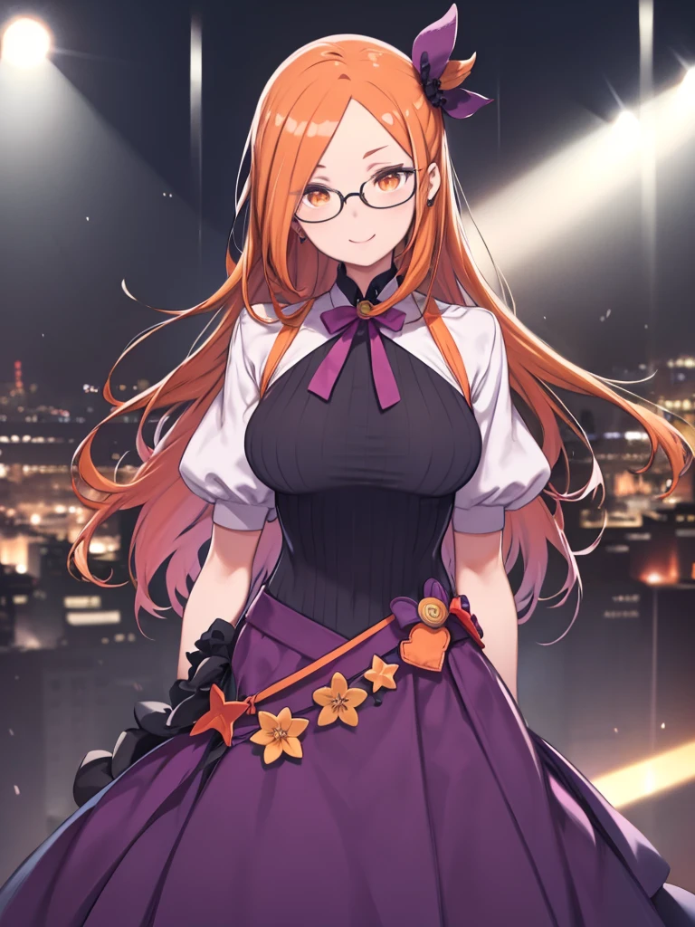 One Woman、Orange Hair、long hair、Straight Hair、Slicked back hair、Glasses、Big Breasts、Purple ribbon、Orange Eyes、Upper Body、Smiling、Watching the audience、Are standing、Front view、Hide your hands behind your back、Leaning forward、Purple clothes、One-piece dresaid clothes、White shirt、Short sleeve、bulging sleeves、White long gloves、Purple Dress、Long skirt、flare skirt、
