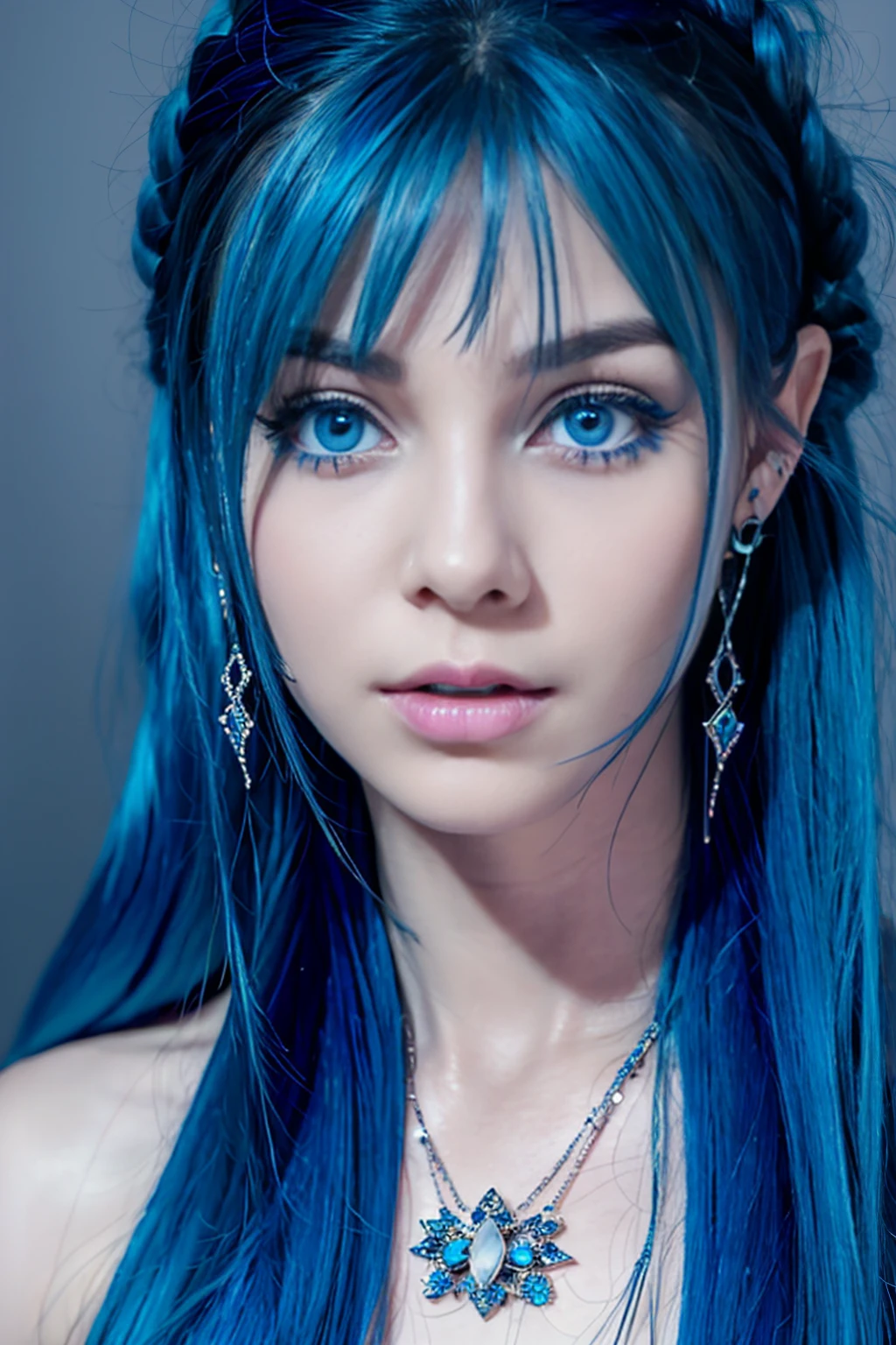 Face Barbara Palvin、Real Women、Longhaire、Blue hair、Blue eyes、Tattoos on the body、Piercings in both ears、necklace on neck、Black background、