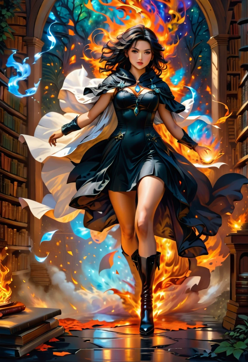 a masterwork picture of a sorceress casting a spell in magical library, exquisite beautiful woman, dynamic hair color, dynamic hair style, ((full body shot: 1.5)), ((anatomically correct: 1.5)), (ultra detailed face: 1.2), best detailed face, high details, best quality, 16k, (long black dress: 1.2), (white cloak: 1.3), high heeled boots (ultra details, Masterpiece, best quality) masterpiece, best quality, (extremely detailed), full body, ultra wide shot, (ultra details, Masterpiece, best quality), fantasy art, dnd art,fantasy art, realistic art, (ultra details, Masterpiece, best quality), (ultra details, Masterpiece, best quality), FireMagicAI, Hyperrealism style, rpg portrait photograph