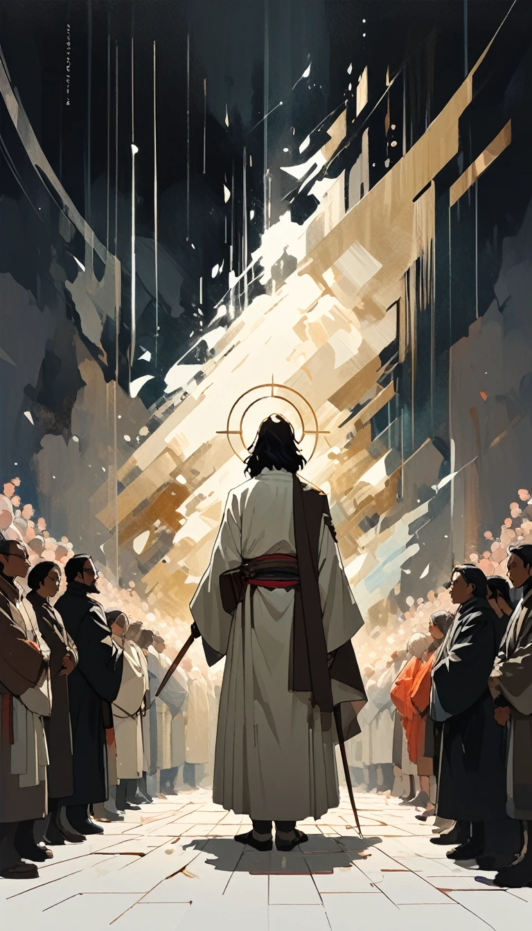 Jesus Christ in the middle of a crowd, golden ratio, fake detail, trending pixiv fanbox, acrylic palette knife, style of makoto shinkai studio ghibli genshin impact james gilleard greg rutkowski chiho aoshima