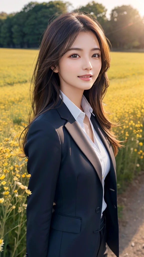 highest quality、genuine、Super detailed、finely、High resolution、8k wallpaper、one beautiful woman、、、light brown disheveled hair、wearing a business suit、sharp focus、perfect dynamic composition、beautiful and detailed eyes、thin hair、Detailed genuine skin texture、smile、model body shape、In a windswept meadow