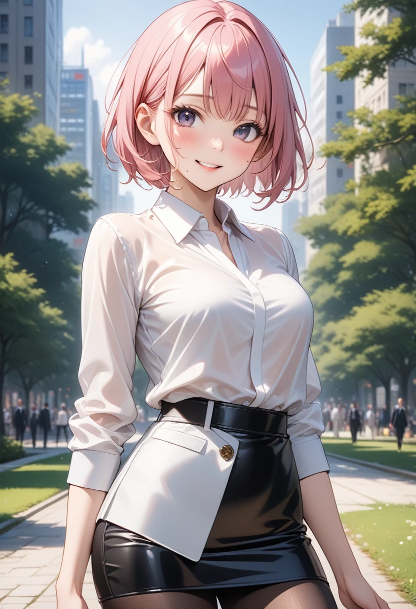 (((Female erotic lawyer, formal suit skirt, pencil skirt a black, pantyhose, white see-through blouse, jacket, Stiletto heels, (Metallic Costumes)))),  skinny, solo, 1 woman, Masterpiece, highest quality, highest quality, 16K, incredibly absurd, highly detailed, 2.5D, ai-generated, delicate and dynamic, very delicate facial expressions, delicate eye depiction, erotic, only sexy woman, ((A cute and kind face)), healthy figure, ((25-year-old woman)), 160cm tall, medium firm swaying bust, (short hair), (pink hair:1.5), bob cut, black eye, blush, Sweat,Embarrassed,sexy, ((thin thighs)), (Erect nipples,:0.5), shiny and lustrous, facing straight at viewer, smile, ((Oily_skin)), (standing), cowboy shot, ((arm at side)), A city park in midsummer,