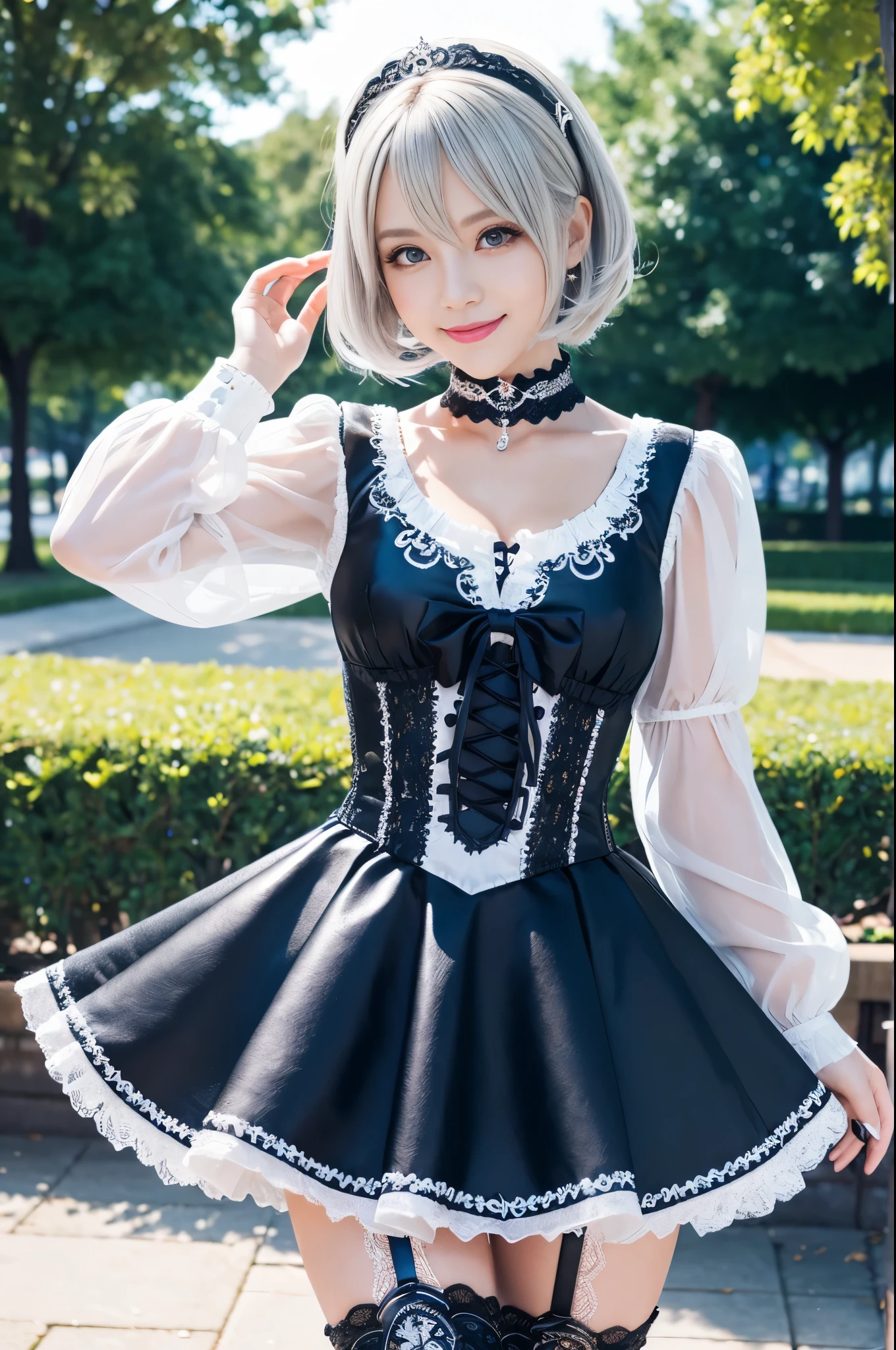sexy stylish Swedish model, only 1 female, ((doll-like appearance)), very short stylish hair, ((shiny Aquors Love-Style boots)), (big smile), ultra detailed eyes,beautiful vivid eye makeup, lip-gloss, long lashes, defined eyebrows, ((sexy Aquors Love cosplay)), bell-shaped skirt, petticoats, ((ultra detailed lace)), ((ultra detailed embroidery)), intricate details, Aquors Love accessoires, Aquors Love choker, cinematic light, detailed large park background with trees