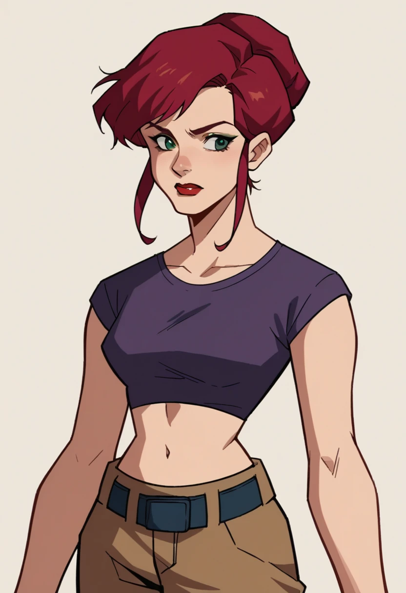 score_9,score_8_up,score_7_up, sourse_cartoon, retro artstyle, april2003,1girl,short hair,shirt,navel,green eyes,red hair,midriff,belt,pants,crop top,makeup,lipstick,brown pants,cropped shirt