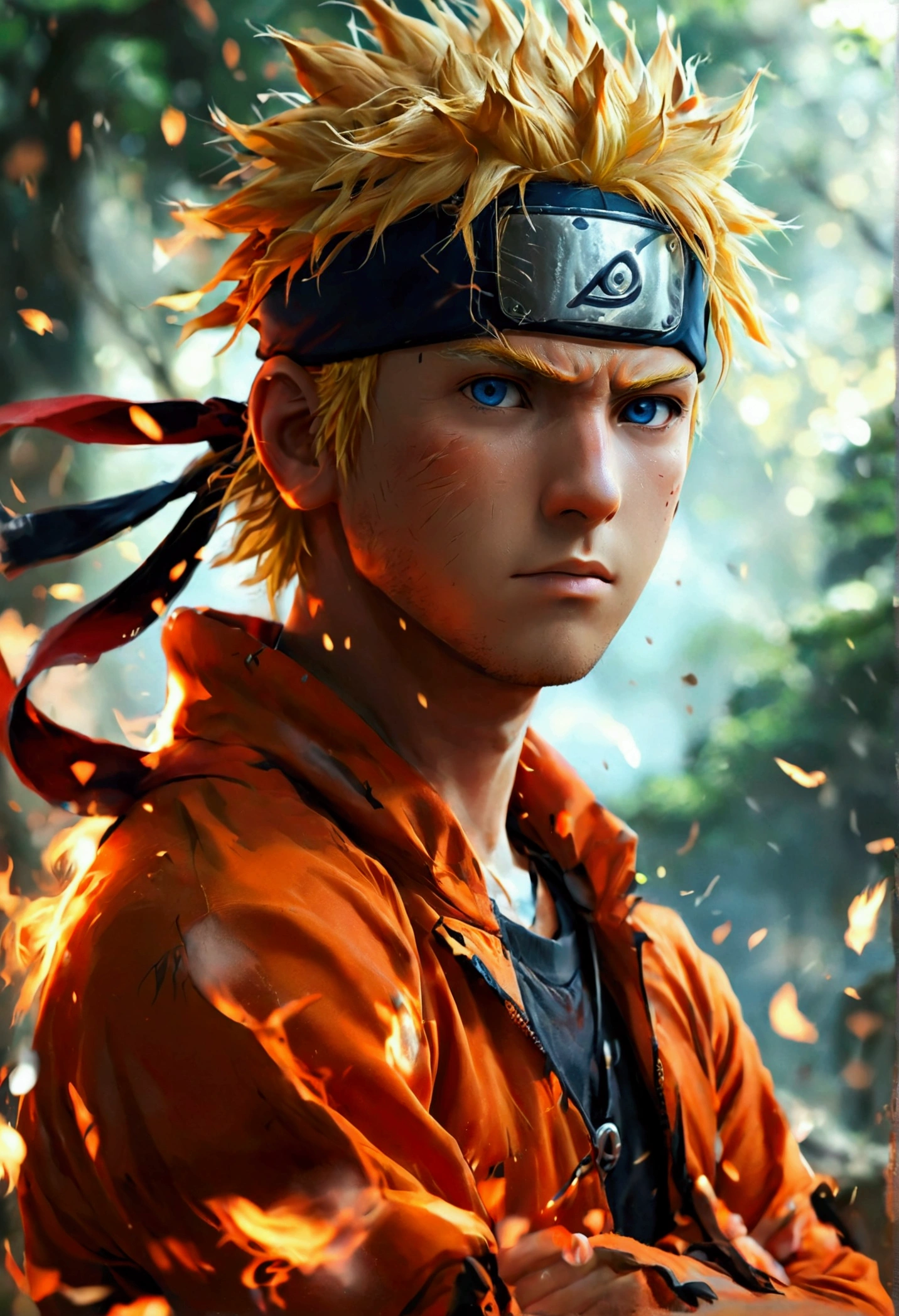 clearing! Here's a prompt focused on Naruto's physical characteristics:
"Describe Naruto Uzumaki, the legendary ninja of Vila da Folha. He has spiky blonde hair and bright blue eyes that reflect his determination and indomitable spirit.. His face is marked by the lightning-shaped scar that runs across his right cheek., a reminder of your battles and the difficult path you have taken. Naruto has a confident and athletic stance, with well-defined muscles that reveal your physical strength, honed through years of rigorous training and intense combat. His signature attire includes a vibrant orange coat over a form-fitting black outfit., Standing out among your teammates and enemies. Your presence radiates energy and determination, symbolizing his role as a symbol of hope and courage for all ninjas in the village."