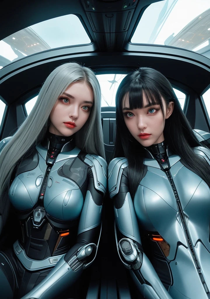 “Two futuristic female cyborgs with Russian-like appearances in the spacious cockpit of a spaceship. They have long hair, large eyes, high noses, and wide mouths, seamlessly integrating mechanical and organic elements with sleek metal parts, glowing accents, and visible circuitry. Their primary color scheme is blue. The cyborgs are actively piloting the spaceship. The cockpit is advanced and high-tech, with three large windows showing the outside scenery. These windows are completely green to al