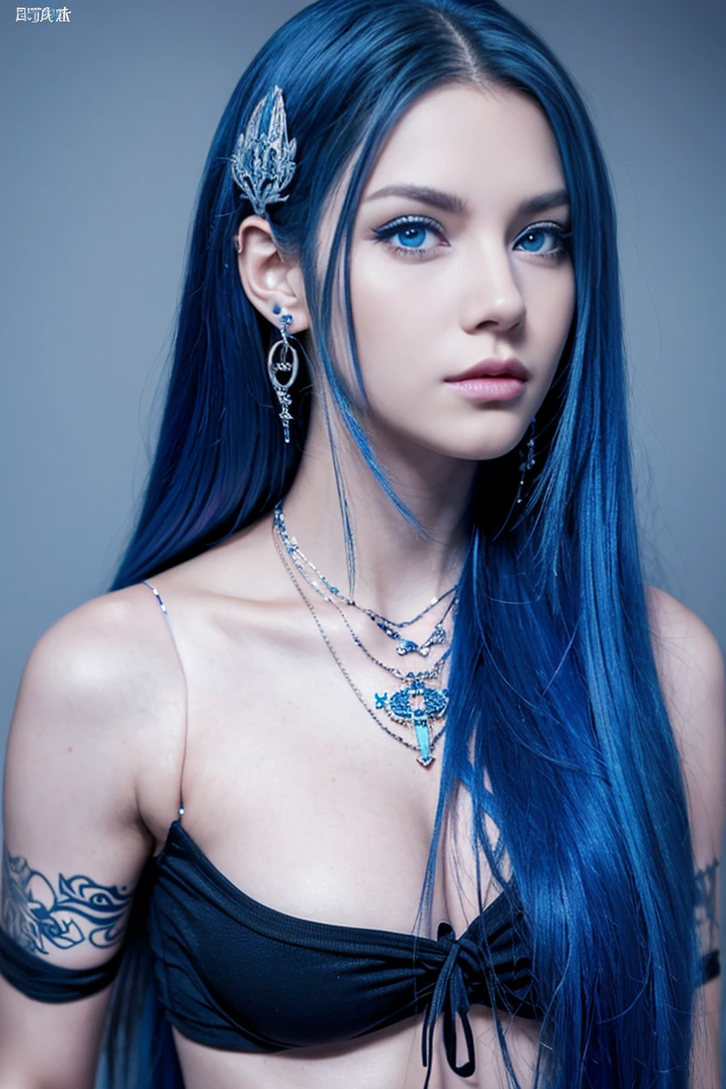 Face Barbara Palvin、Real Women、Longhaire、Blue hair、Blue eyes、Tattoos on the body、Piercings in both ears、necklace on neck、Black background、