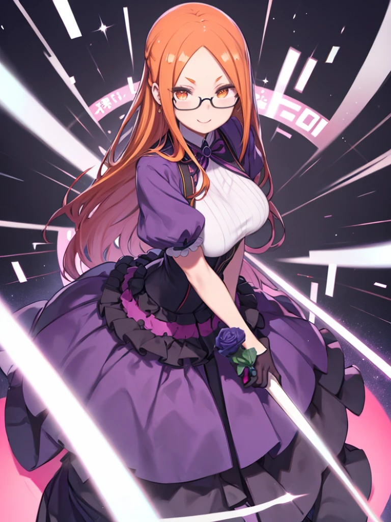 One Woman、Orange Hair、long hair、Straight Hair、((Slicked back hair))、Glasses、Big Breasts、Purple ribbon、Orange Eyes、Upper Body、Smiling、Watching the audience、Are standing、Front view、Hide your hands behind your back、Leaning forward、Purple clothes、One-piece dresaid clothes、White shirt、Short sleeve、bulging sleeves、White long gloves、Purple Dress、Long skirt、flare skirt、