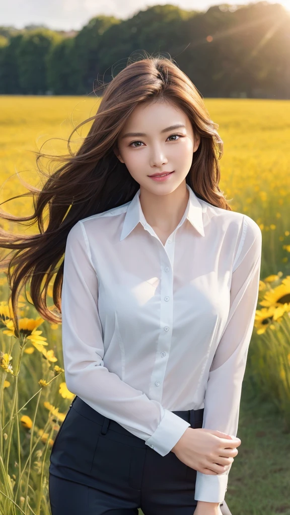 highest quality、genuine、Super detailed、finely、High resolution、8k wallpaper、one beautiful woman、、、light brown disheveled hair、wearing a business suit、sharp focus、perfect dynamic composition、beautiful and detailed eyes、thin hair、Detailed genuine skin texture、smile、model body shape、In a windswept meadow