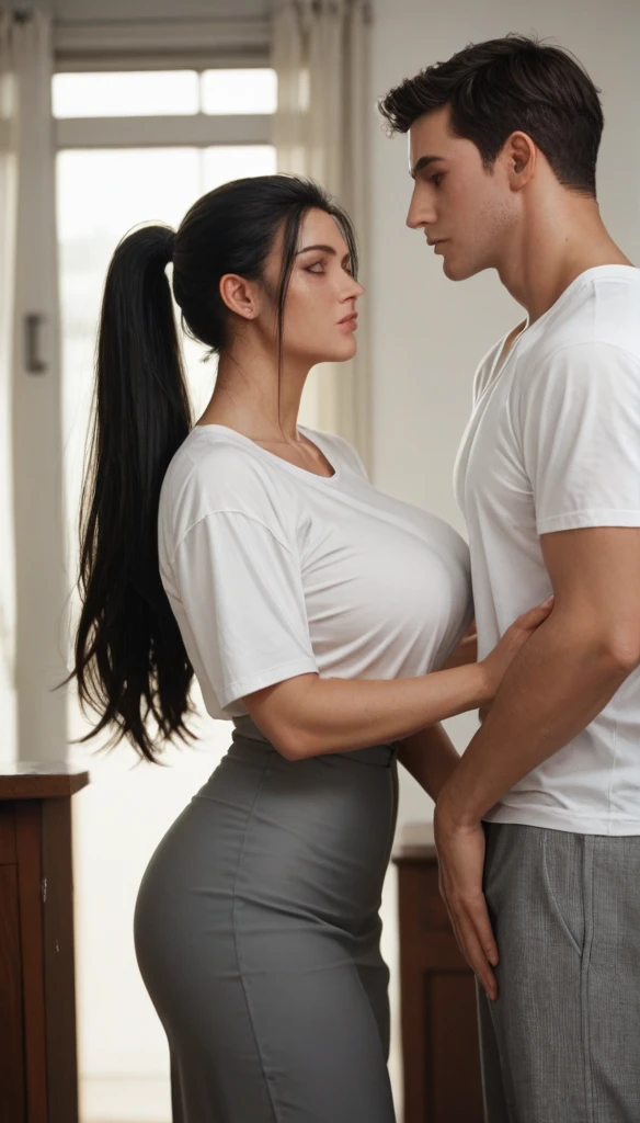 a man and a woman standing face to face.

(the woman is a beautiful woman, long thick black ponytail hair, big breasts, wear white t shirt, wear skirt, looks at the man and waves her hand)

(the man is a high school teenager, black hair, high , white shirt, gray trousers, facing the woman)

background in front of the house in the morning