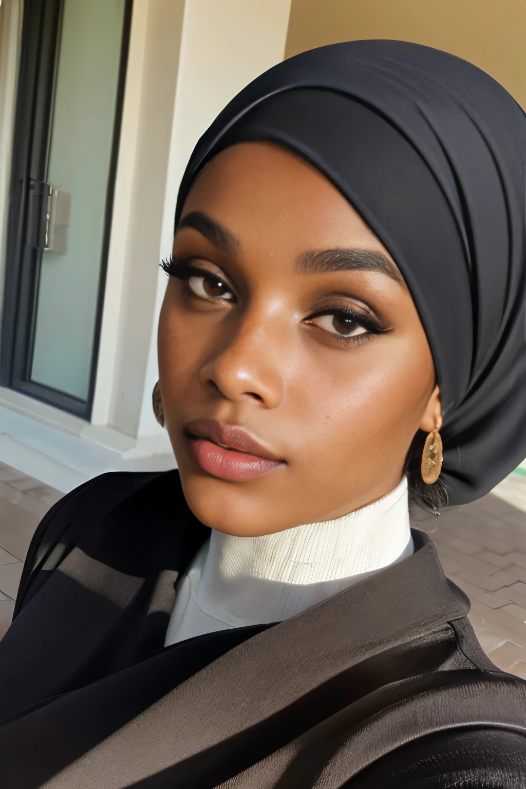 Sudanese secretary, close up, bust focus, natural light, posing for picture, greeneyes, fat lower lip, huge bimbo lips, thick lips, dark skin, (arab headscarf), teacher's clothes, turtleneck, suit pants, long sleeves, freckles