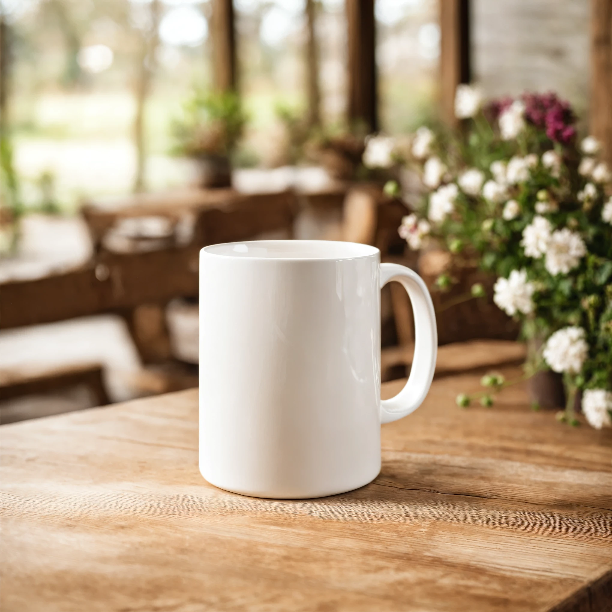 Mockup empty, a blank, white, empty white ceramic mug standing on a table, product presentation, wooden table in a cottagecore environment, british country style, blurry background, earthy colors, flowers on the table, daylight