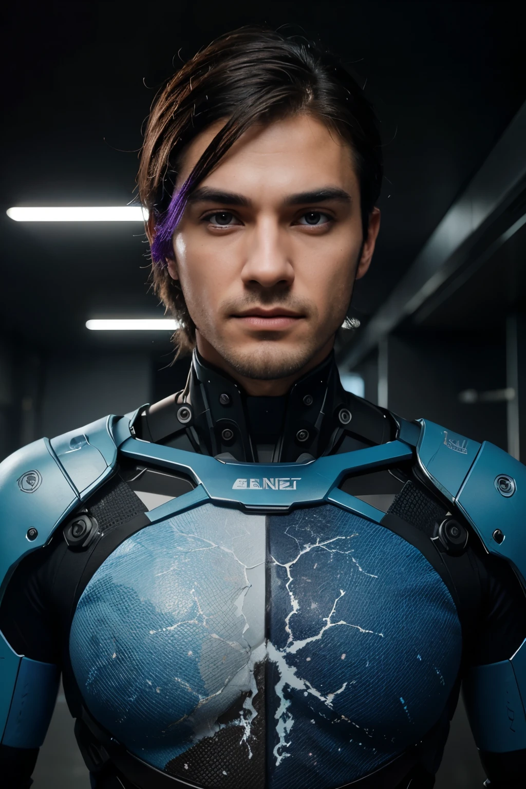Create a handsome manly face into a half-human, half-Al hybrid, utilizing colors commonly associated with AI: blue and purple. Render the image in 4K resolution, and include a sleek logo. Emphasize hyper-realistic features and subtle details, blurring the line between human and machine. Inspired by the art of Simon Stalenhag, this image should be a unique blend of science and humanity, showcasing the creative potential of Al in the digital age.'