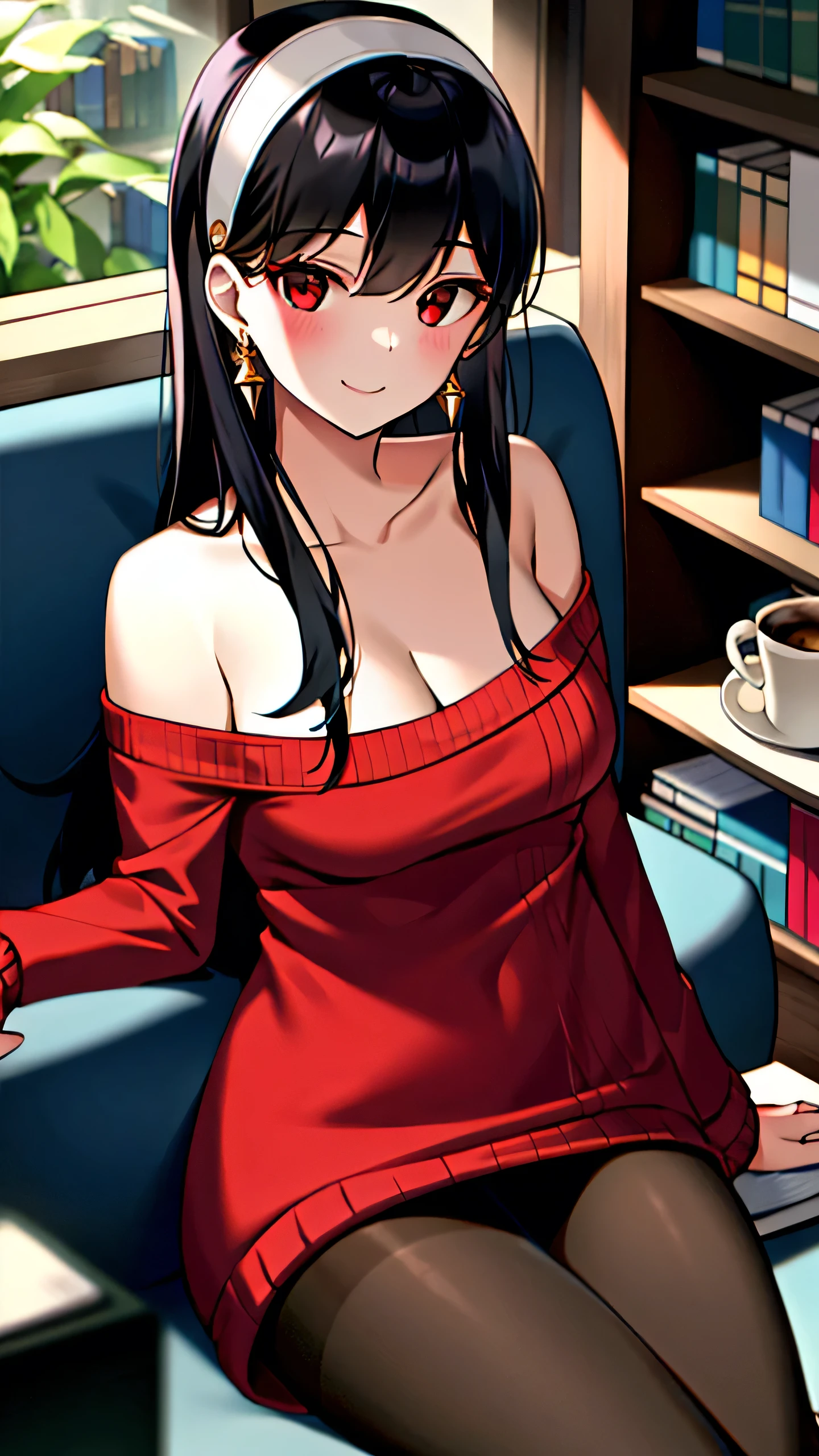 yor briar, 1girl, bangs, black pantyhose, book, bookshelf, breasts, cleavage, coffee, coffee mug, cup, earrings, gold earrings, gold hairband, hairband, jewelry, long hair, long sleeves, looking at viewer, medium breasts, mug, off-shoulder sweater, off shoulder, out of frame, pantyhose, plant, red eyes, red sweater, smile, solo, sweater, white hairband, window , ((masterpiece))