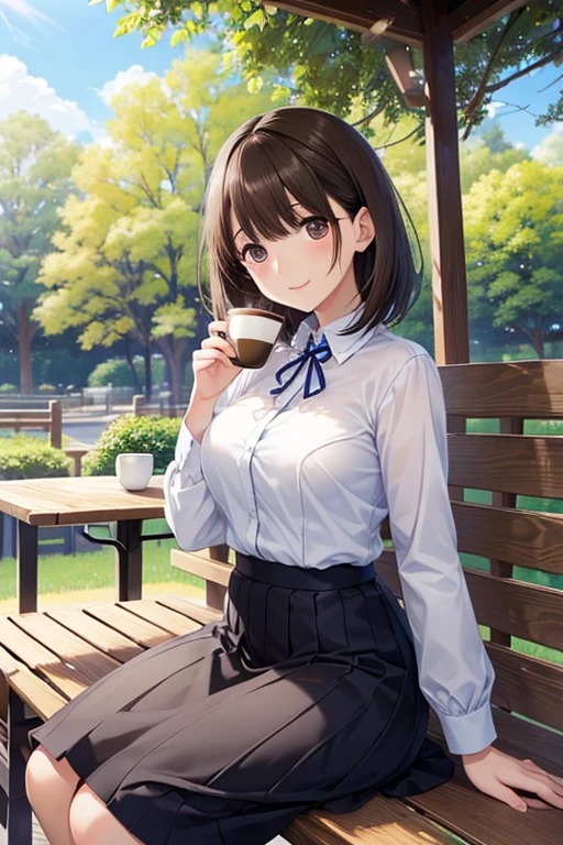 anegasaki nene、Shiny brown hair, short hair, (Beautiful brown eyes、Sparkling eyes, Fine grain)、smile、Ultra-detailed eyes、Highly detailed face, Highly detailed eyes,



masterpiece,Highest quality,Anime Style,(Woman sitting on a park bench looking up at the sky),(Drink coffee),(Cozy and comfortable seating),(Spring Sunshine),(sunny),(noon),(Ultra-detailed anime-style landscape wallpaper),A woman is drinking coffee alone,(hand)