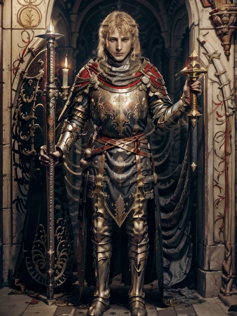 work of art, best qualityer,  1 men, grown-up, german medieval knight, medium blonde hair, Oh sleep \(tarot\), wearing a red and gold armor，white cape，golden gloves，white boots，holding a sword bard, clown, symbolism, visual artwork, occult, universal, Vision casting, philosophical, iconography, numerology, Popularity, artistic, Alfons Mucha